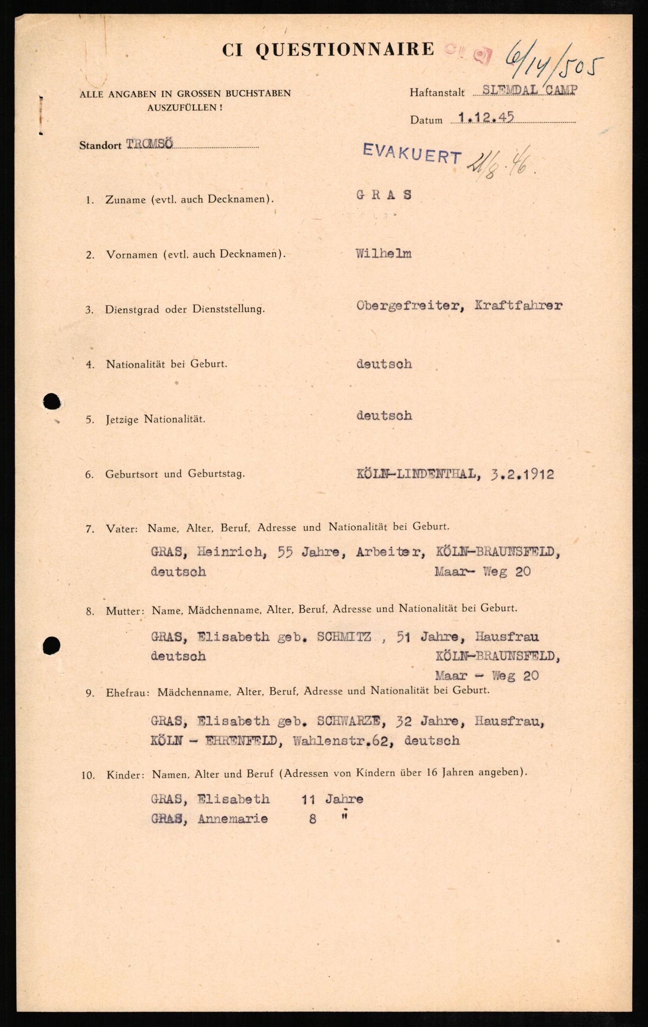 Forsvaret, Forsvarets overkommando II, AV/RA-RAFA-3915/D/Db/L0010: CI Questionaires. Tyske okkupasjonsstyrker i Norge. Tyskere., 1945-1946, s. 121