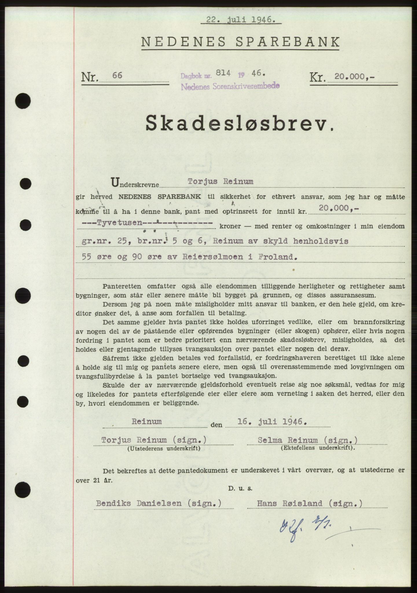 Nedenes sorenskriveri, SAK/1221-0006/G/Gb/Gbb/L0003: Pantebok nr. B3b, 1946-1946, Dagboknr: 814/1946