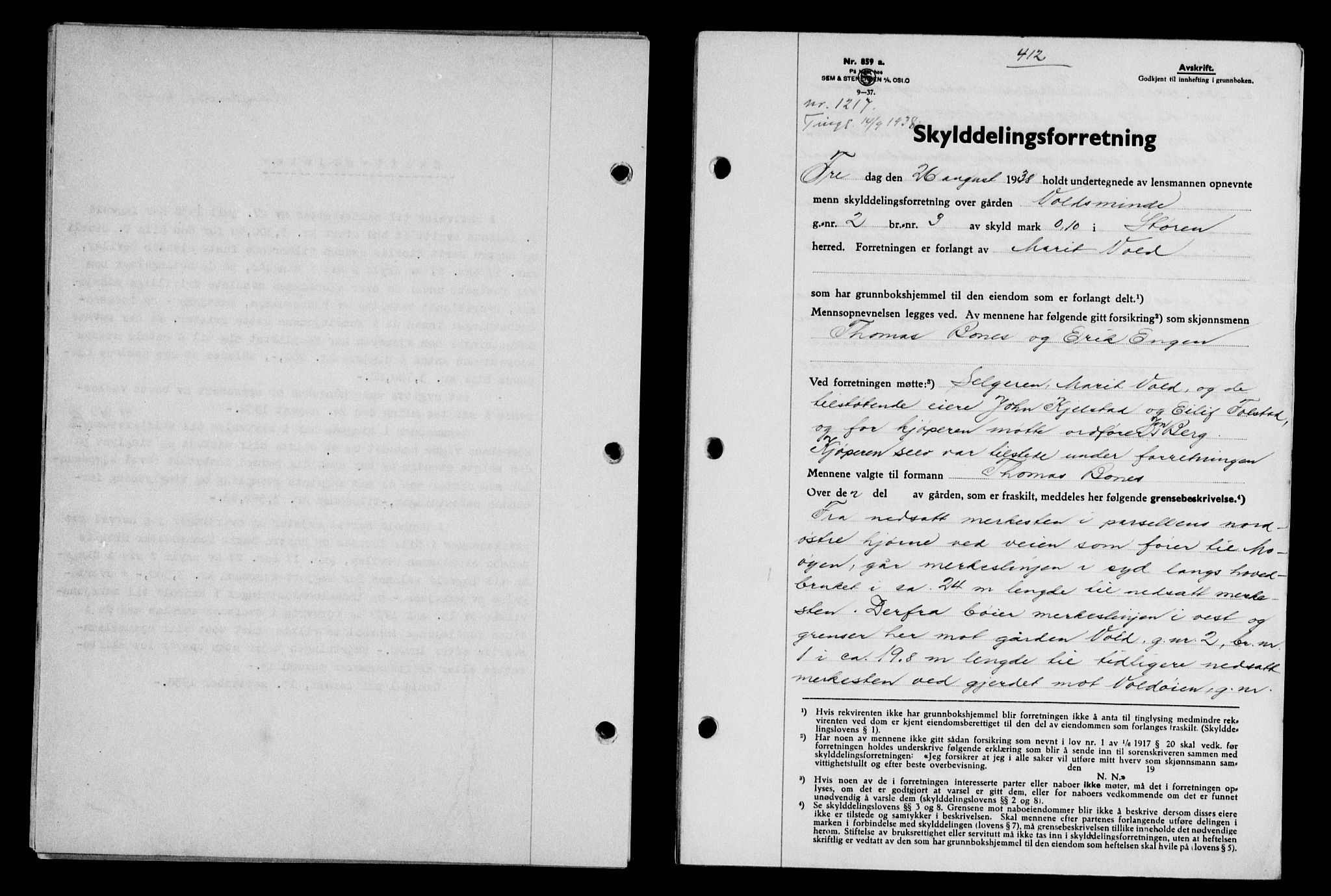 Gauldal sorenskriveri, SAT/A-0014/1/2/2C/L0049: Pantebok nr. 53, 1938-1938, Dagboknr: 1217/1938