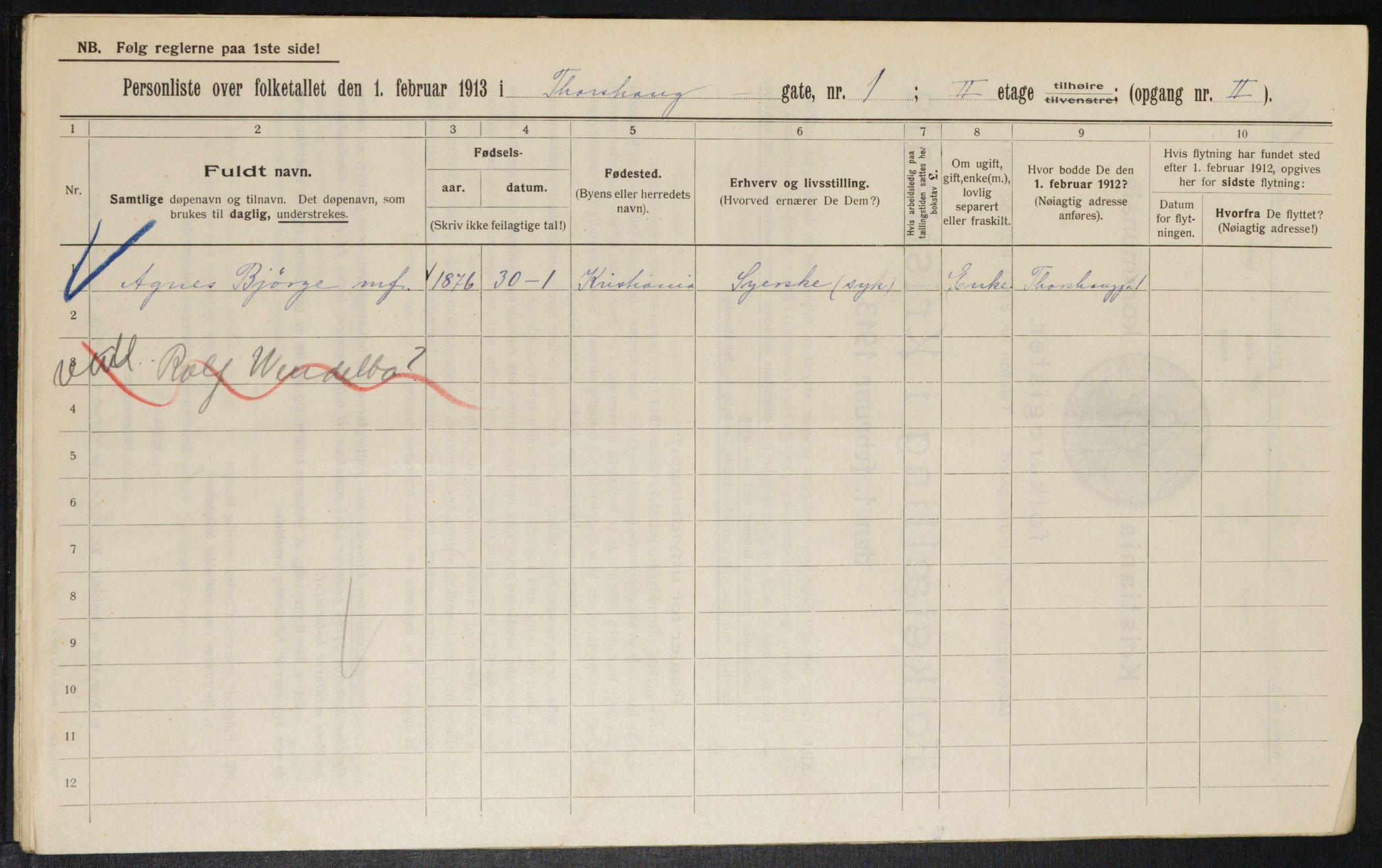 OBA, Kommunal folketelling 1.2.1913 for Kristiania, 1913, s. 114405