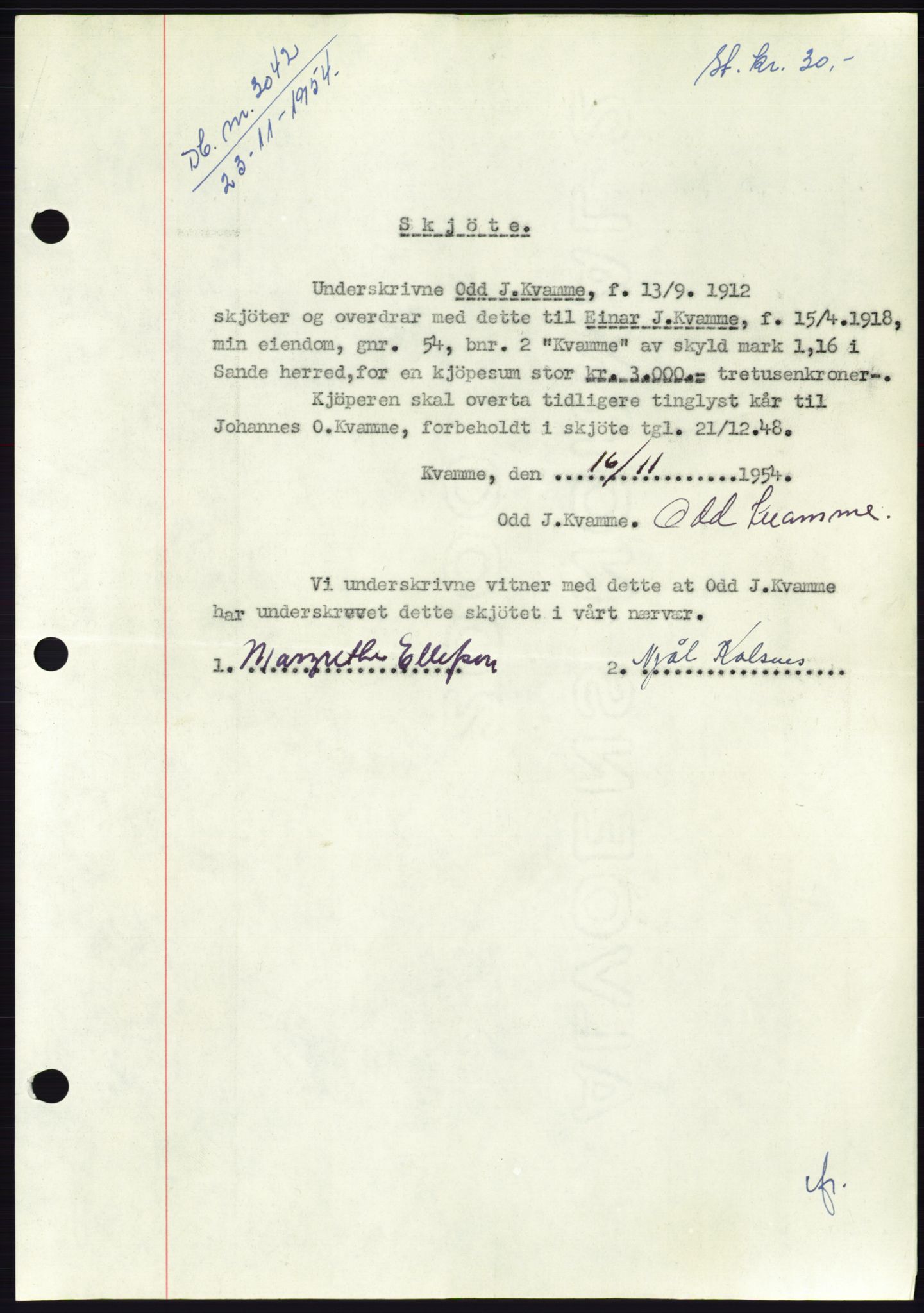 Søre Sunnmøre sorenskriveri, AV/SAT-A-4122/1/2/2C/L0099: Pantebok nr. 25A, 1954-1954, Dagboknr: 3042/1954