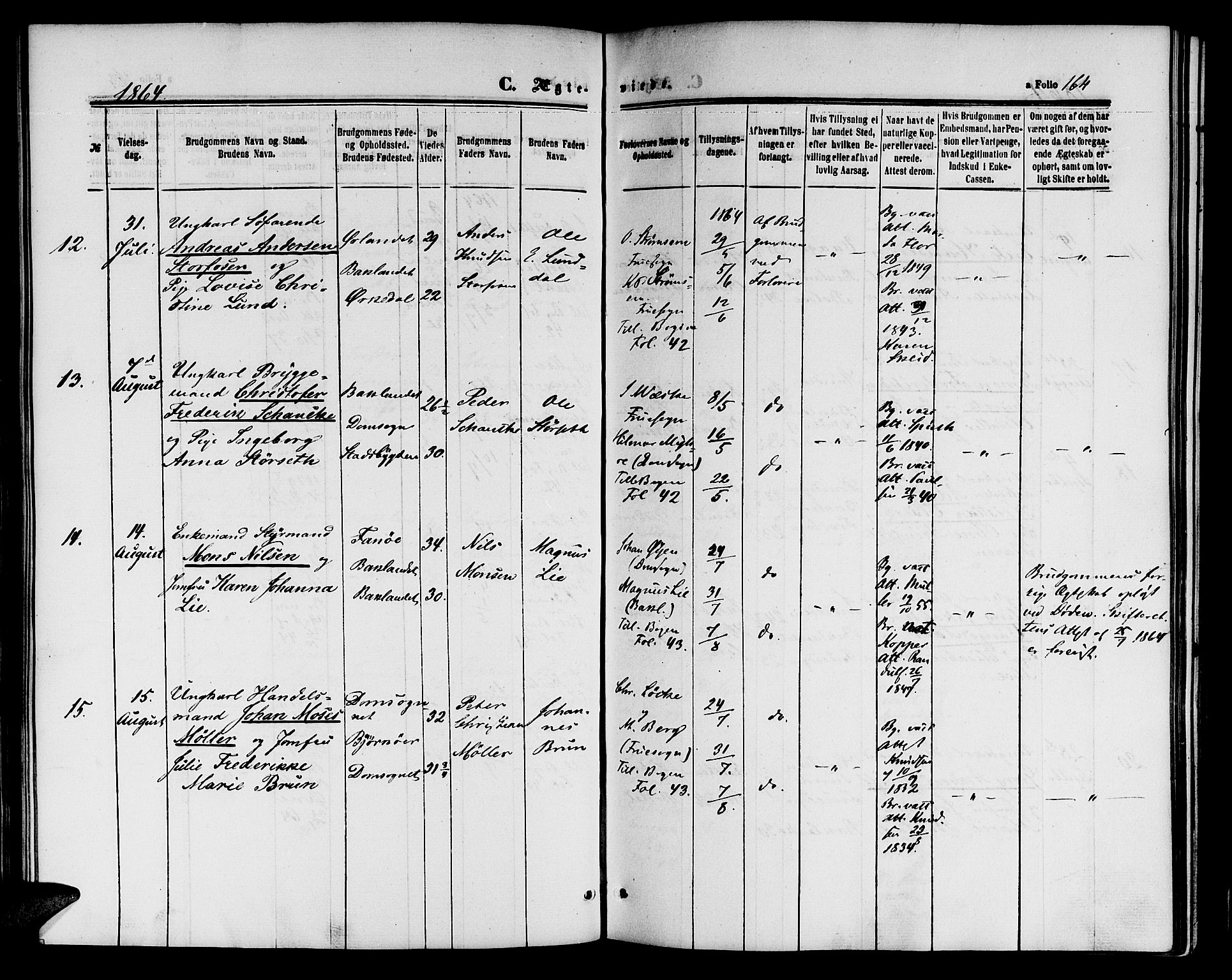 Ministerialprotokoller, klokkerbøker og fødselsregistre - Sør-Trøndelag, SAT/A-1456/604/L0185: Ministerialbok nr. 604A06, 1861-1865, s. 164