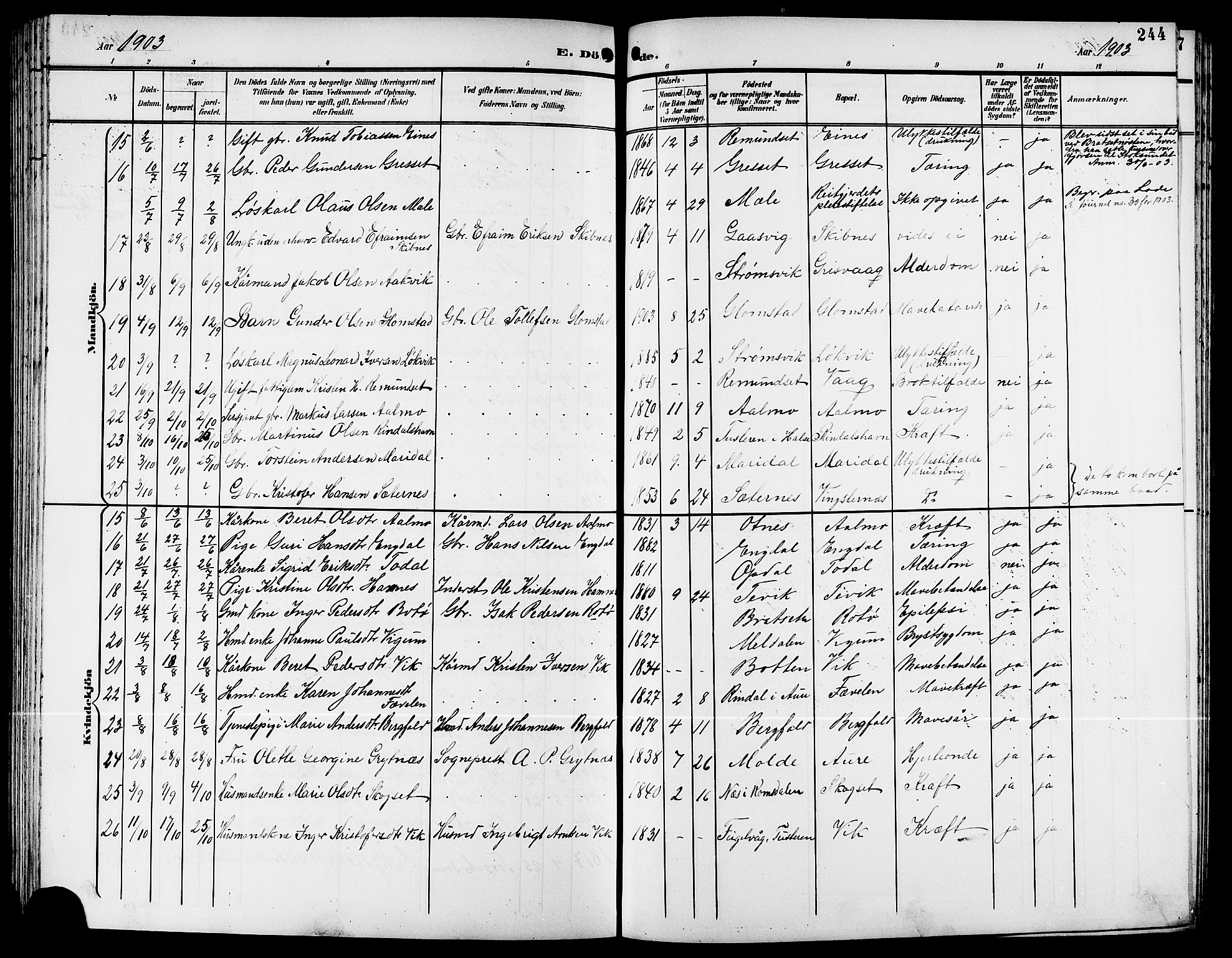 Ministerialprotokoller, klokkerbøker og fødselsregistre - Møre og Romsdal, AV/SAT-A-1454/578/L0910: Klokkerbok nr. 578C03, 1900-1921, s. 244