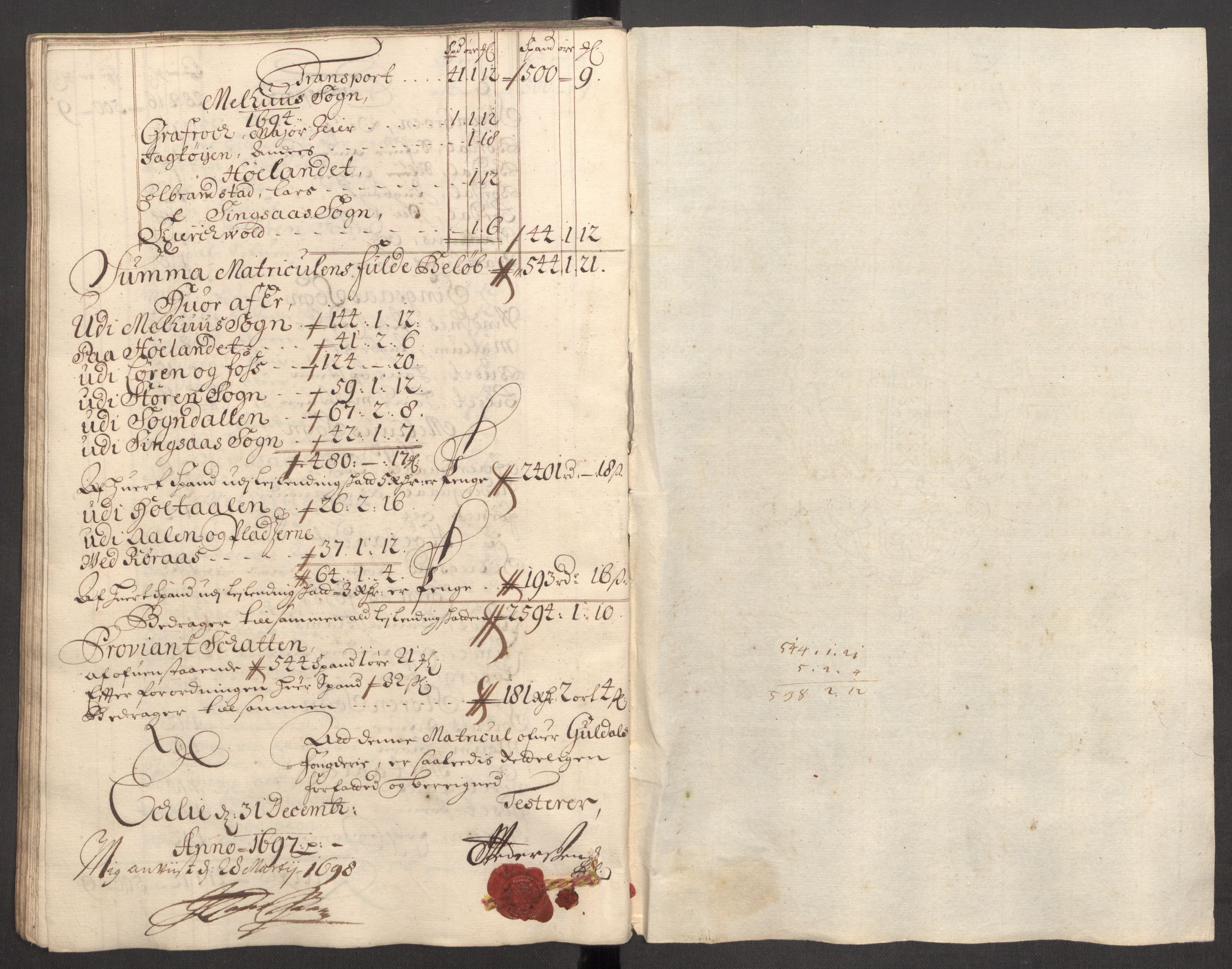 Rentekammeret inntil 1814, Reviderte regnskaper, Fogderegnskap, AV/RA-EA-4092/R60/L3947: Fogderegnskap Orkdal og Gauldal, 1697, s. 320