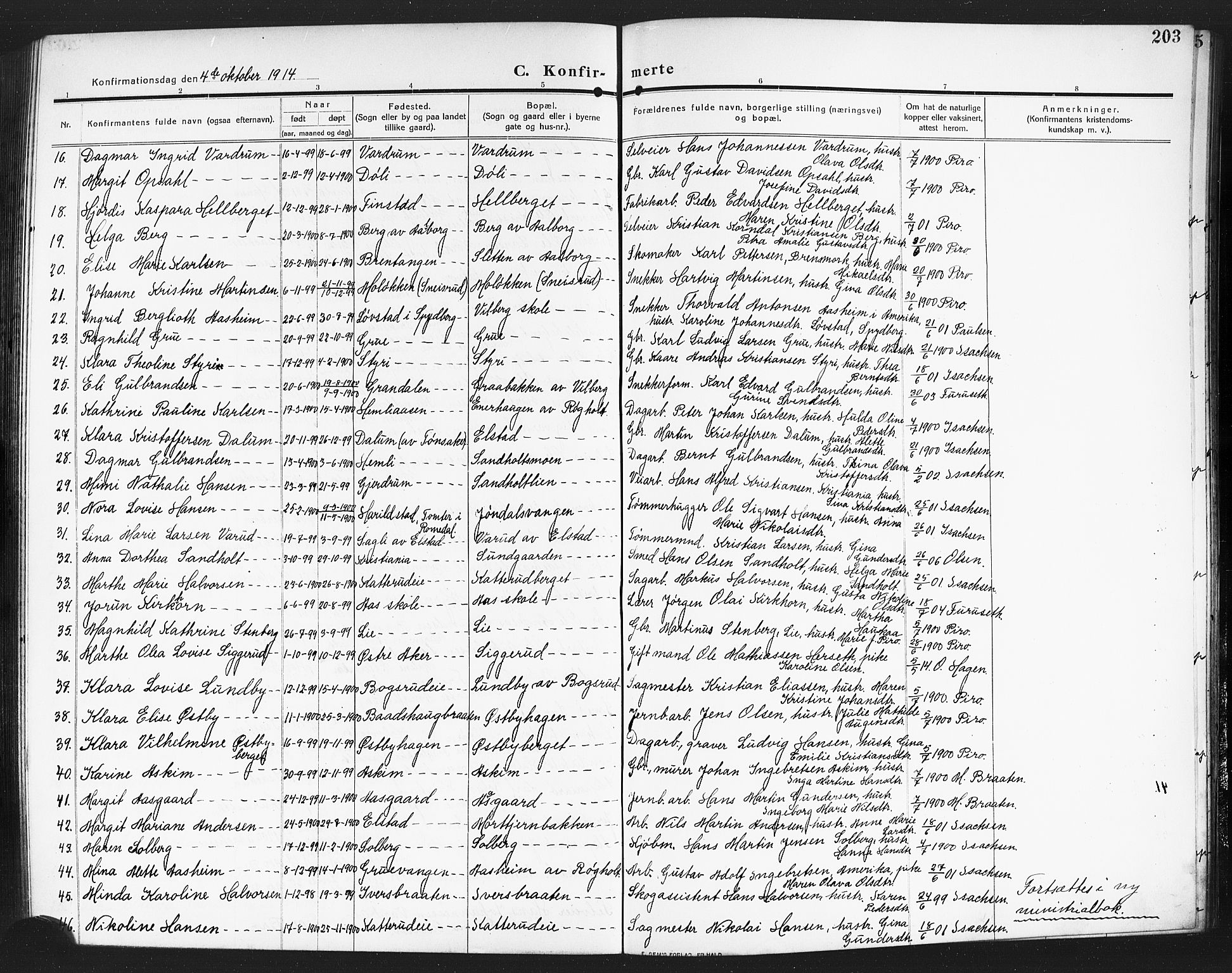 Eidsvoll prestekontor Kirkebøker, AV/SAO-A-10888/G/Ga/L0008: Klokkerbok nr. I 8, 1909-1918, s. 203