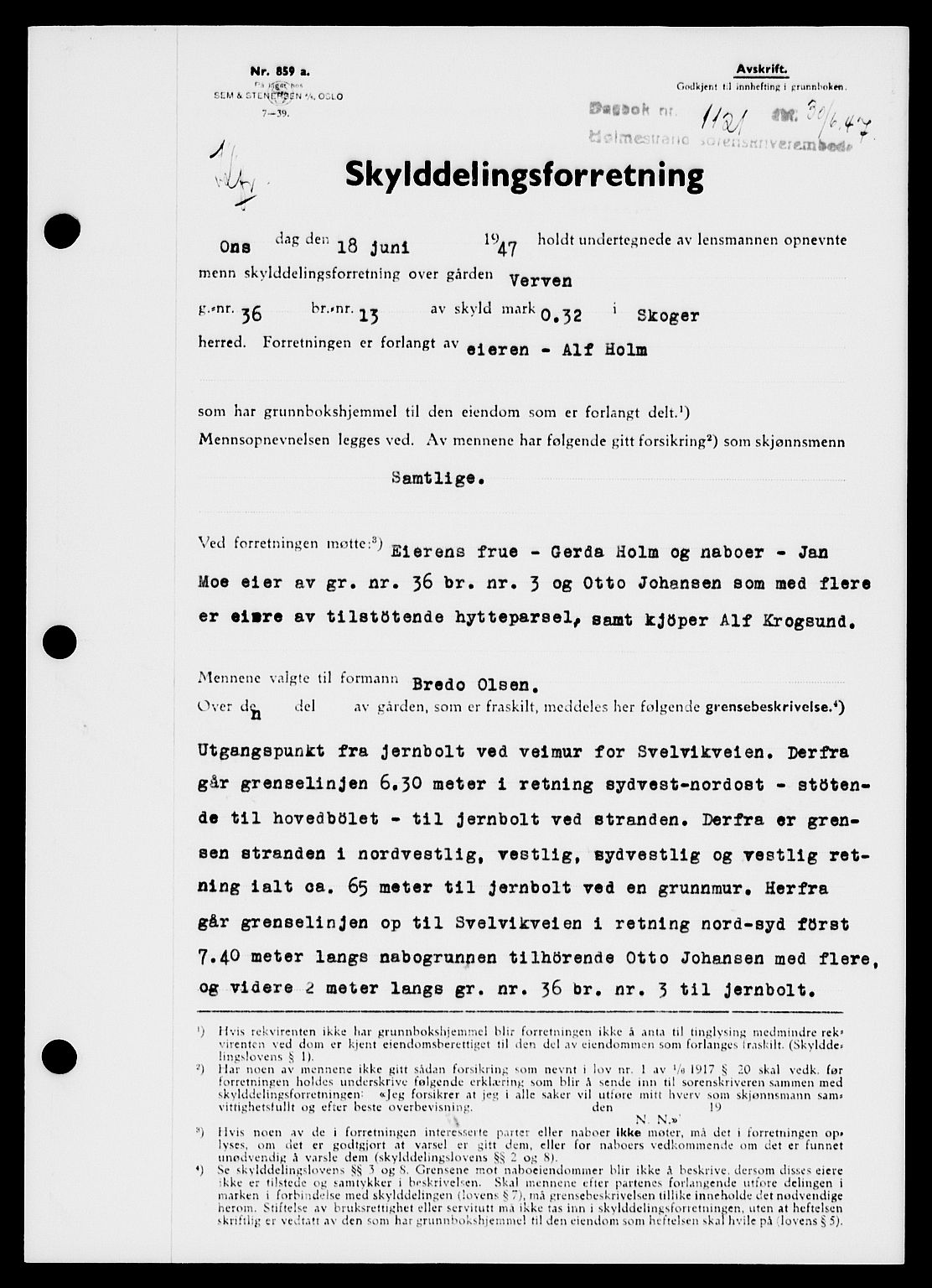 Holmestrand sorenskriveri, SAKO/A-67/G/Ga/Gaa/L0062: Pantebok nr. A-62, 1947-1947, Dagboknr: 1121/1947