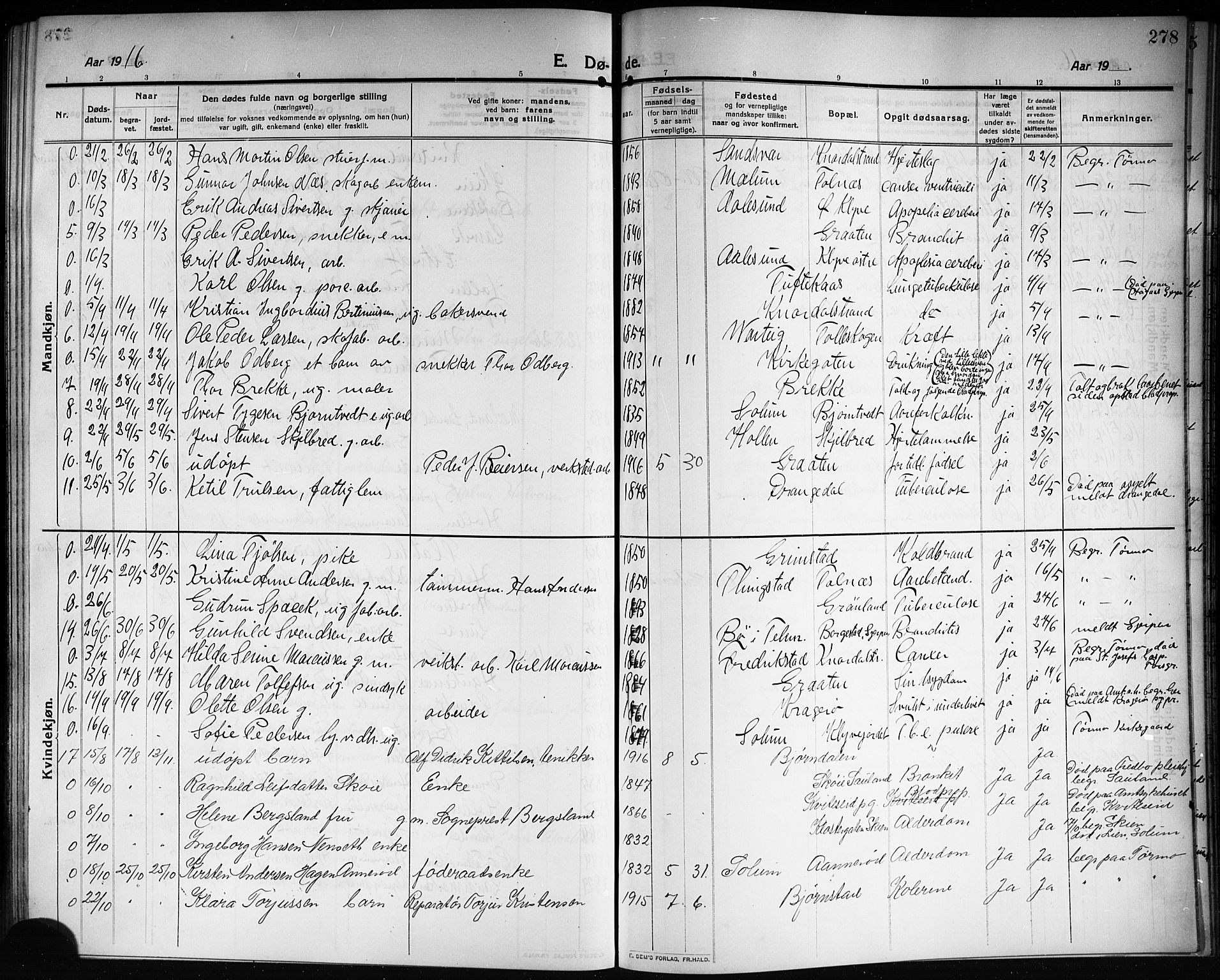 Solum kirkebøker, AV/SAKO-A-306/G/Ga/L0009: Klokkerbok nr. I 9, 1909-1922, s. 278