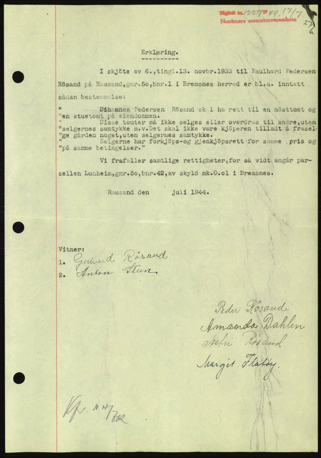 Nordmøre sorenskriveri, AV/SAT-A-4132/1/2/2Ca: Pantebok nr. B92, 1944-1945, Dagboknr: 1227/1944