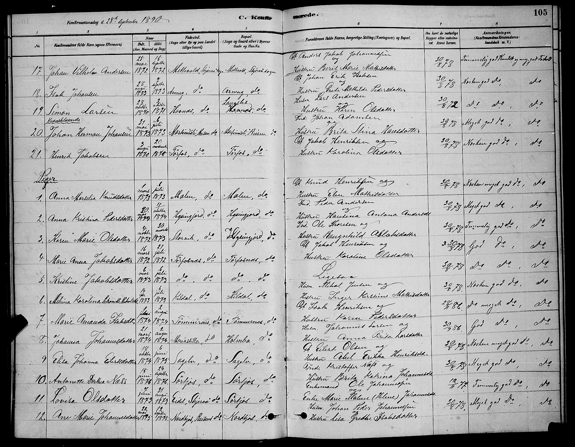 Skjervøy sokneprestkontor, AV/SATØ-S-1300/H/Ha/Hab/L0020klokker: Klokkerbok nr. 20, 1878-1892, s. 105