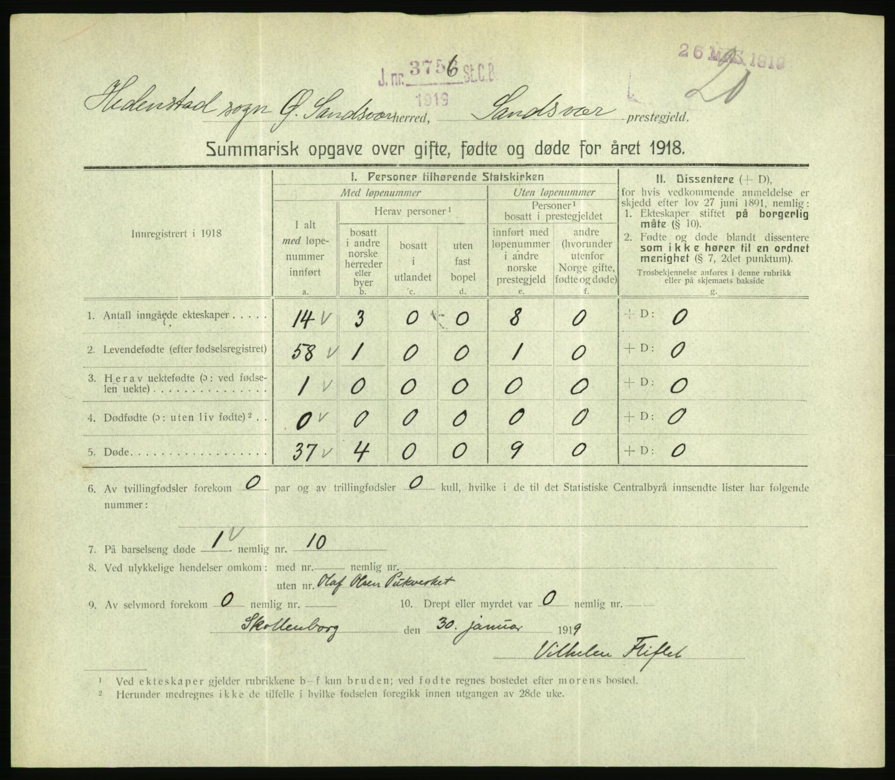 Statistisk sentralbyrå, Sosiodemografiske emner, Befolkning, RA/S-2228/D/Df/Dfb/Dfbh/L0059: Summariske oppgaver over gifte, fødte og døde for hele landet., 1918, s. 455