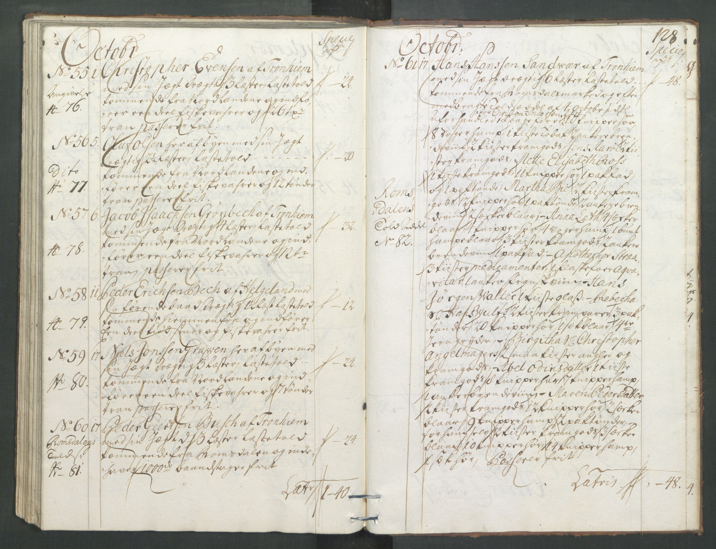 Generaltollkammeret, tollregnskaper, AV/RA-EA-5490/R33/L0013/0001: Tollregnskaper Trondheim A / Inngående tollbok, 1731, s. 127b-128a