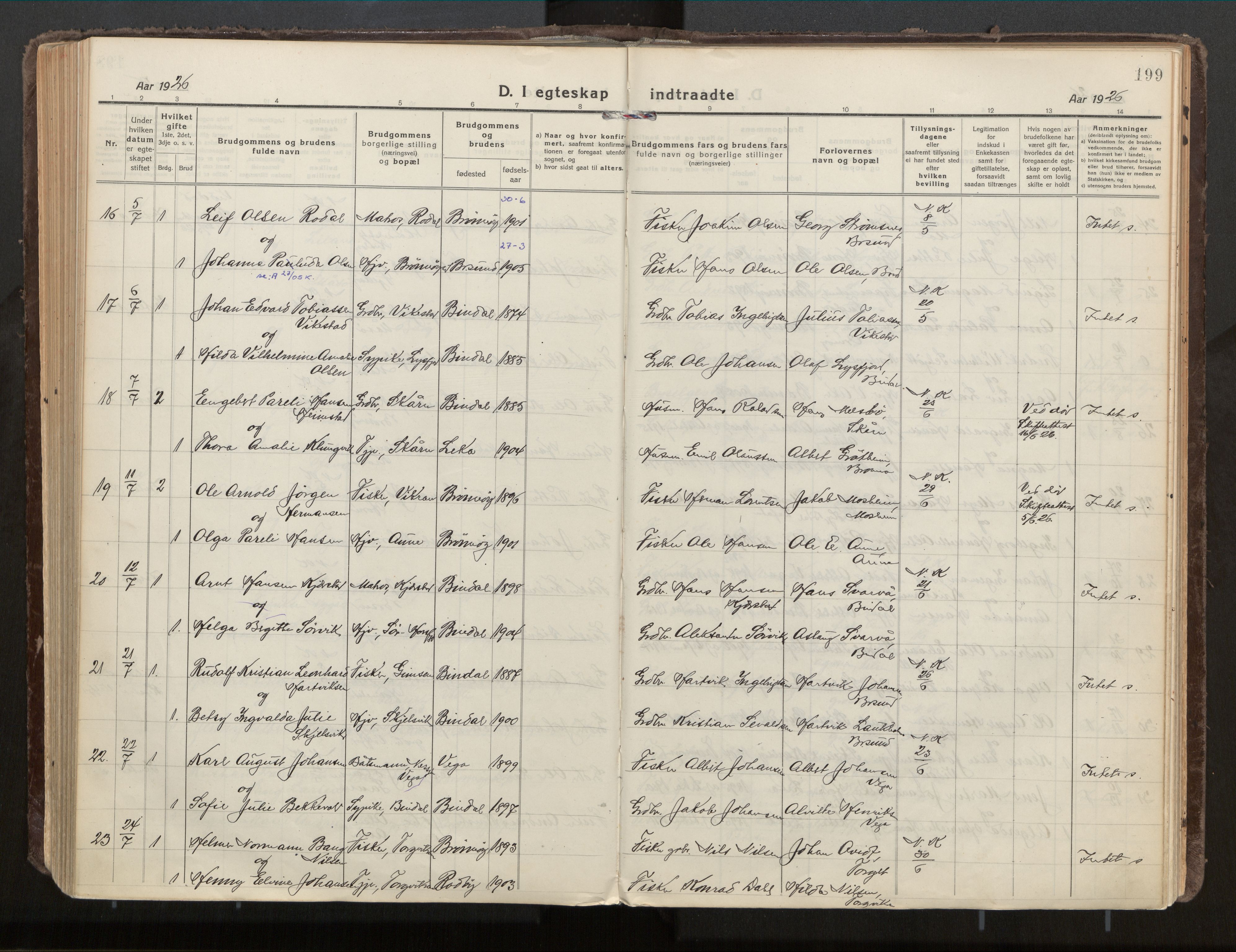 Ministerialprotokoller, klokkerbøker og fødselsregistre - Nordland, AV/SAT-A-1459/813/L0207a: Ministerialbok nr. 813A18, 1919-1927, s. 199