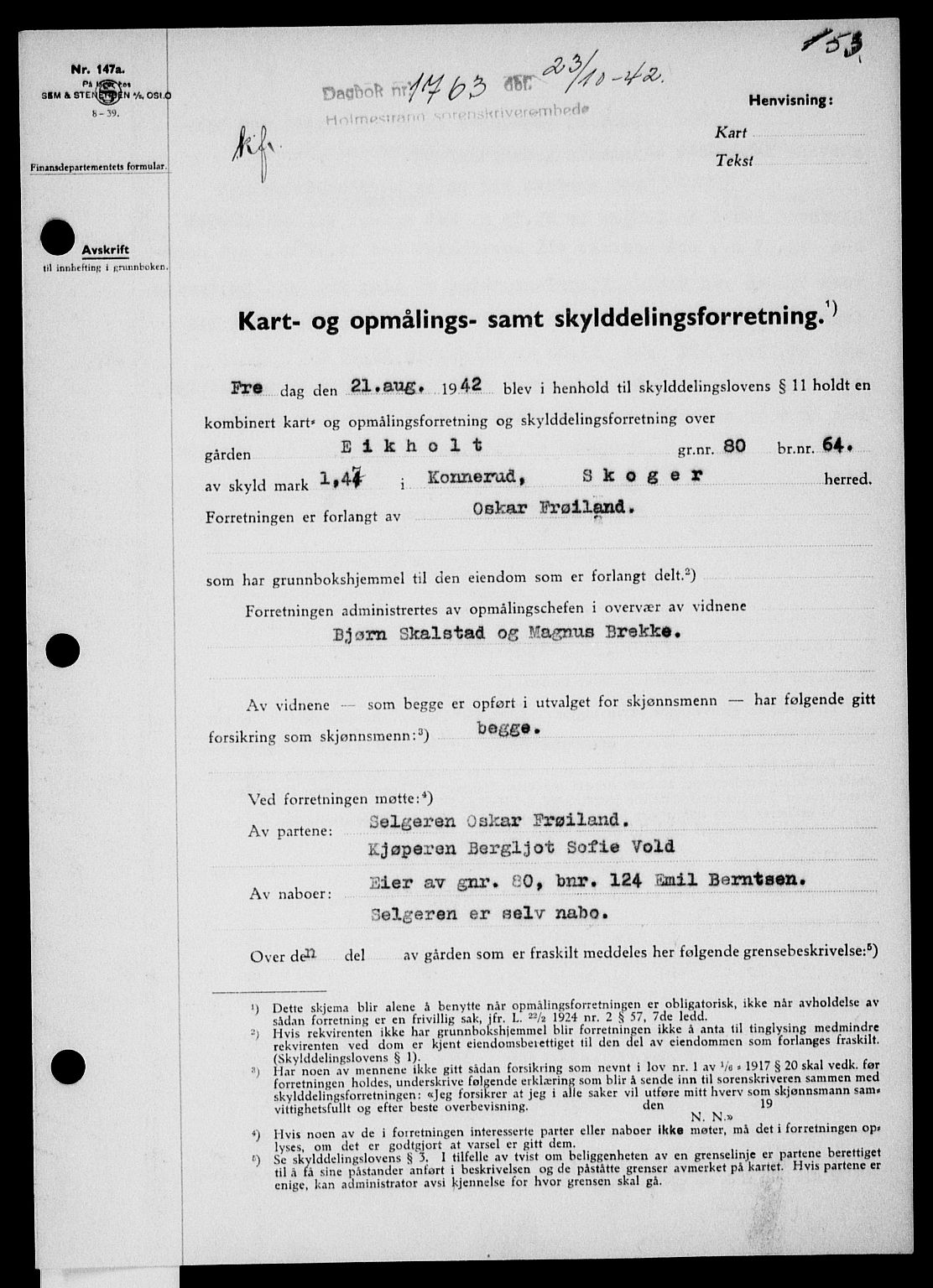 Holmestrand sorenskriveri, SAKO/A-67/G/Ga/Gaa/L0056: Pantebok nr. A-56, 1942-1943, Dagboknr: 1763/1942