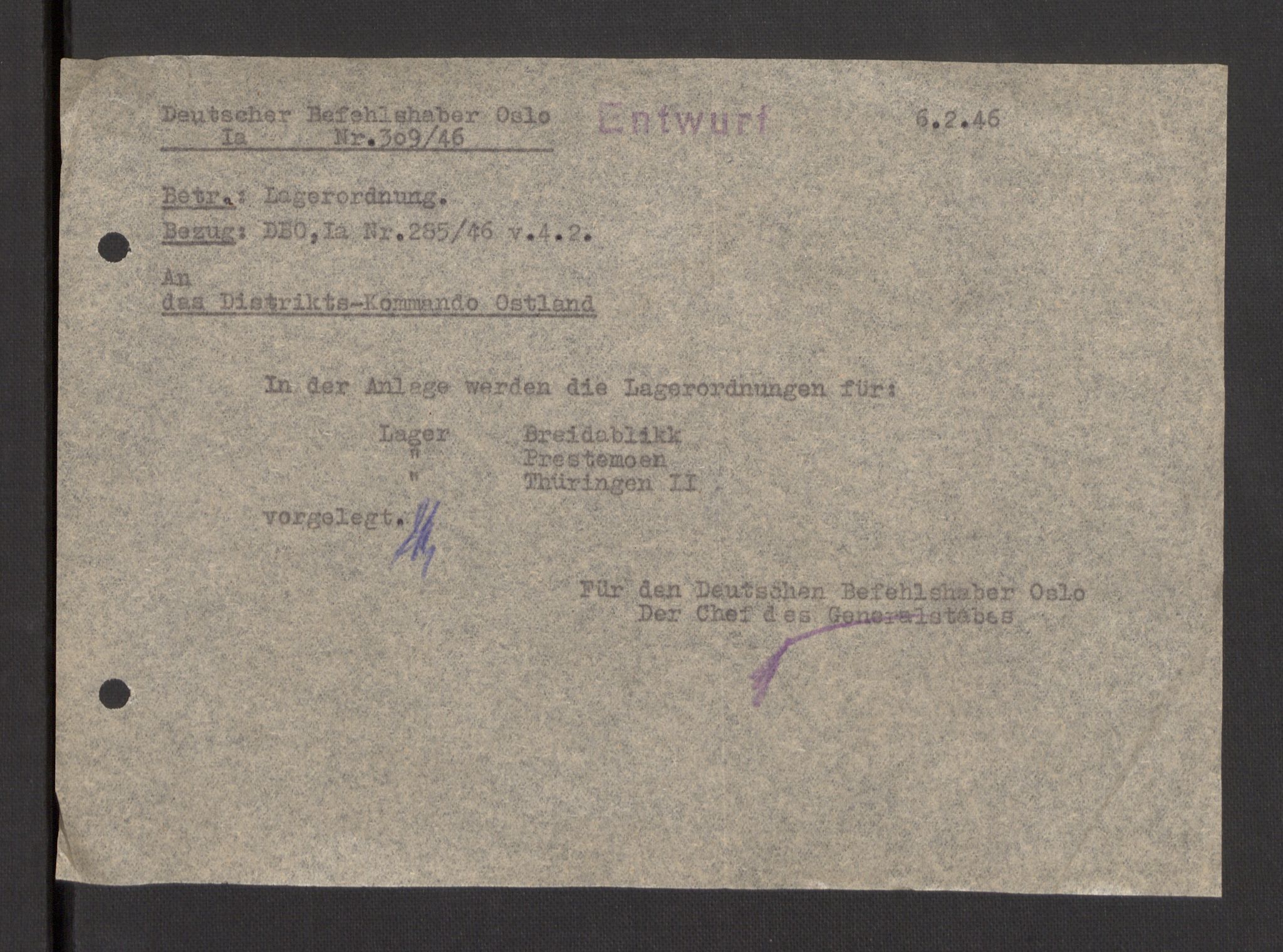 Deutscher Oberbefehlshaber Norwegen (DOBN), AV/RA-RAFA-2197/D/Dja/L0070/0001: DBO Abt. 1a / Lagerordnungen, 1946