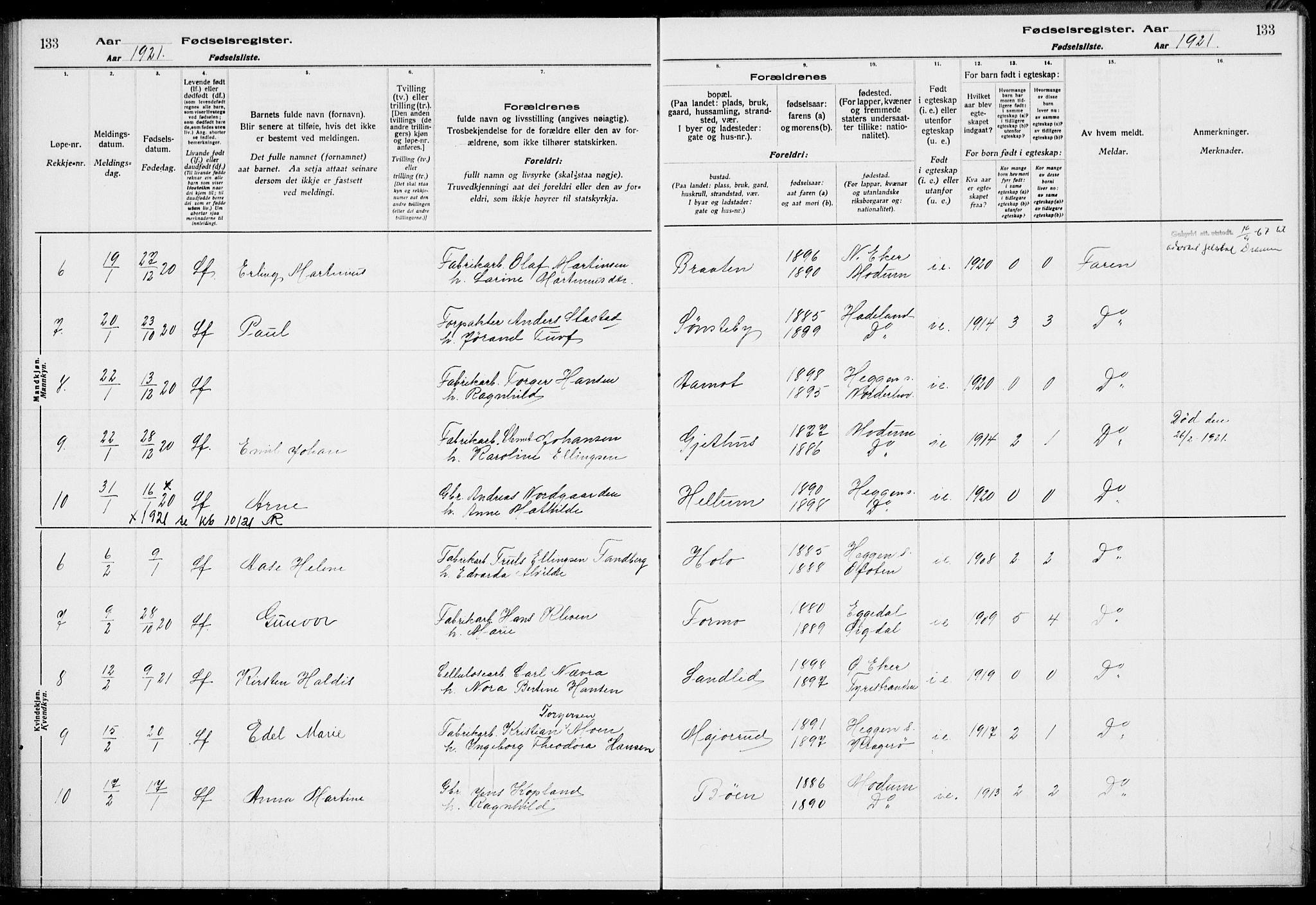 Modum kirkebøker, AV/SAKO-A-234/J/Ja/L0001: Fødselsregister nr. I 1, 1916-1923, s. 133