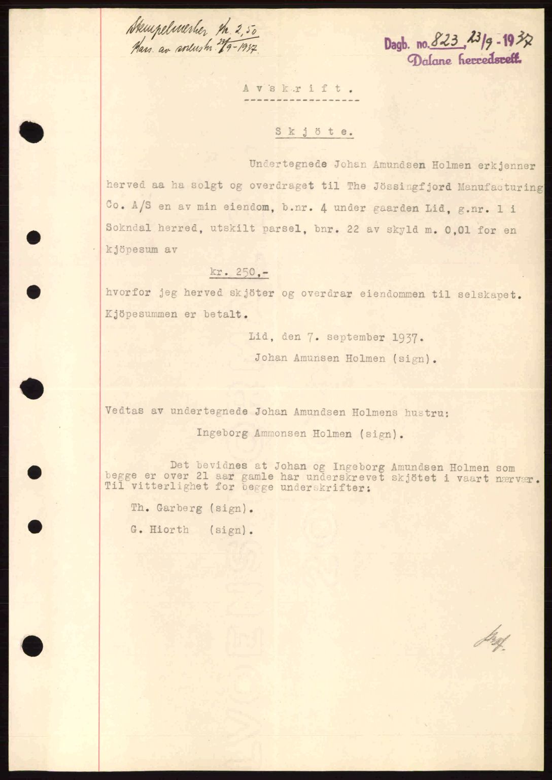 Dalane sorenskriveri, SAST/A-100309/02/G/Gb/L0041: Pantebok nr. A2, 1936-1937, Dagboknr: 823/1937