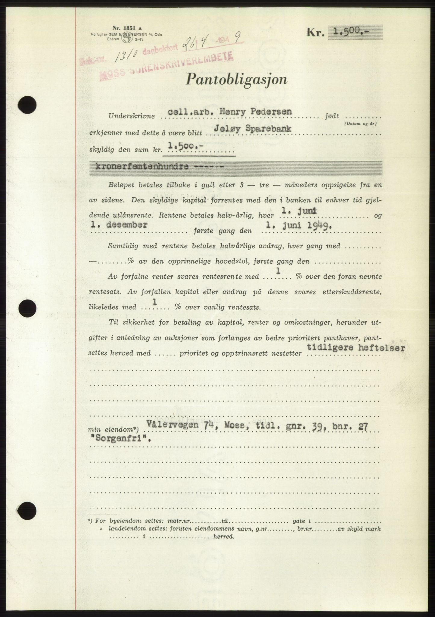 Moss sorenskriveri, SAO/A-10168: Pantebok nr. B21, 1949-1949, Dagboknr: 1310/1949