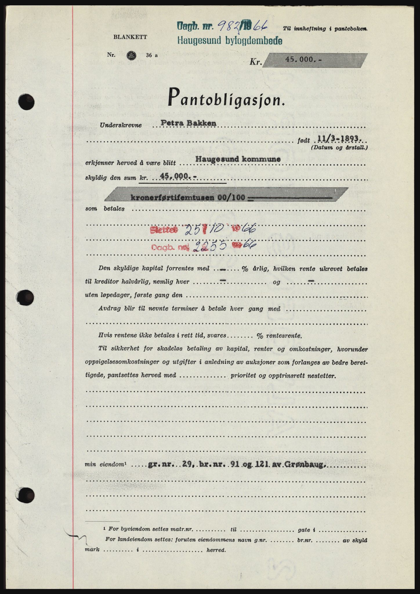 Haugesund tingrett, SAST/A-101415/01/II/IIC/L0055: Pantebok nr. B 55, 1966-1966, Dagboknr: 982/1966