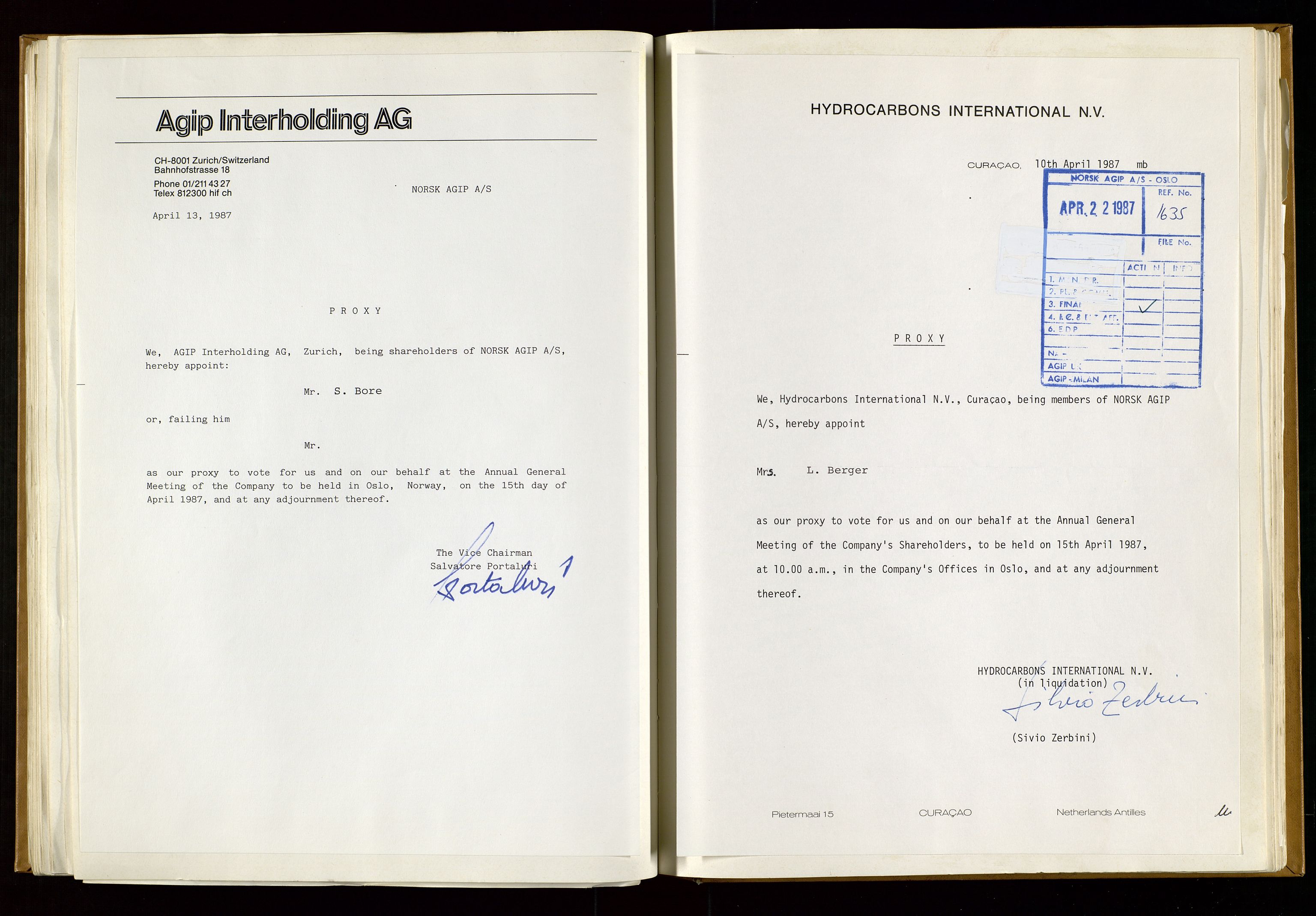 Pa 1583 - Norsk Agip AS, AV/SAST-A-102138/A/Aa/L0001: General assembly and Board of Directors meeting minutes, 1965-1990