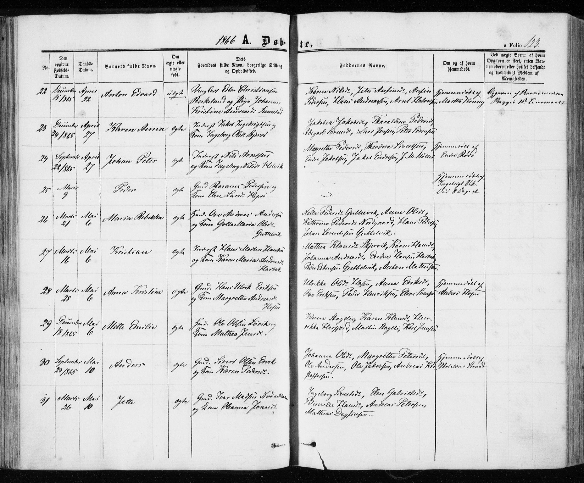 Ministerialprotokoller, klokkerbøker og fødselsregistre - Sør-Trøndelag, SAT/A-1456/657/L0705: Ministerialbok nr. 657A06, 1858-1867, s. 123
