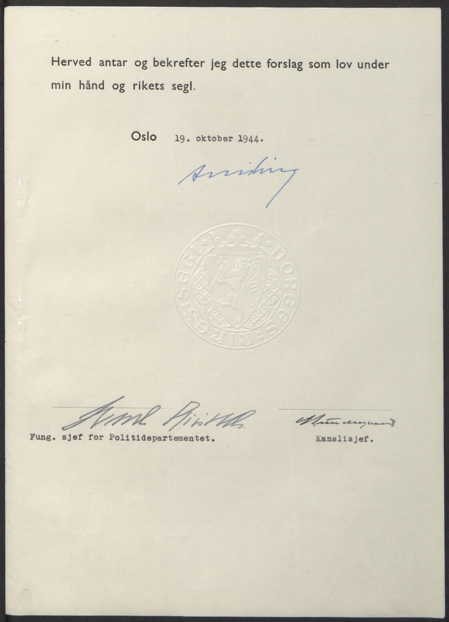 NS-administrasjonen 1940-1945 (Statsrådsekretariatet, de kommisariske statsråder mm), AV/RA-S-4279/D/Db/L0100: Lover, 1944, s. 524