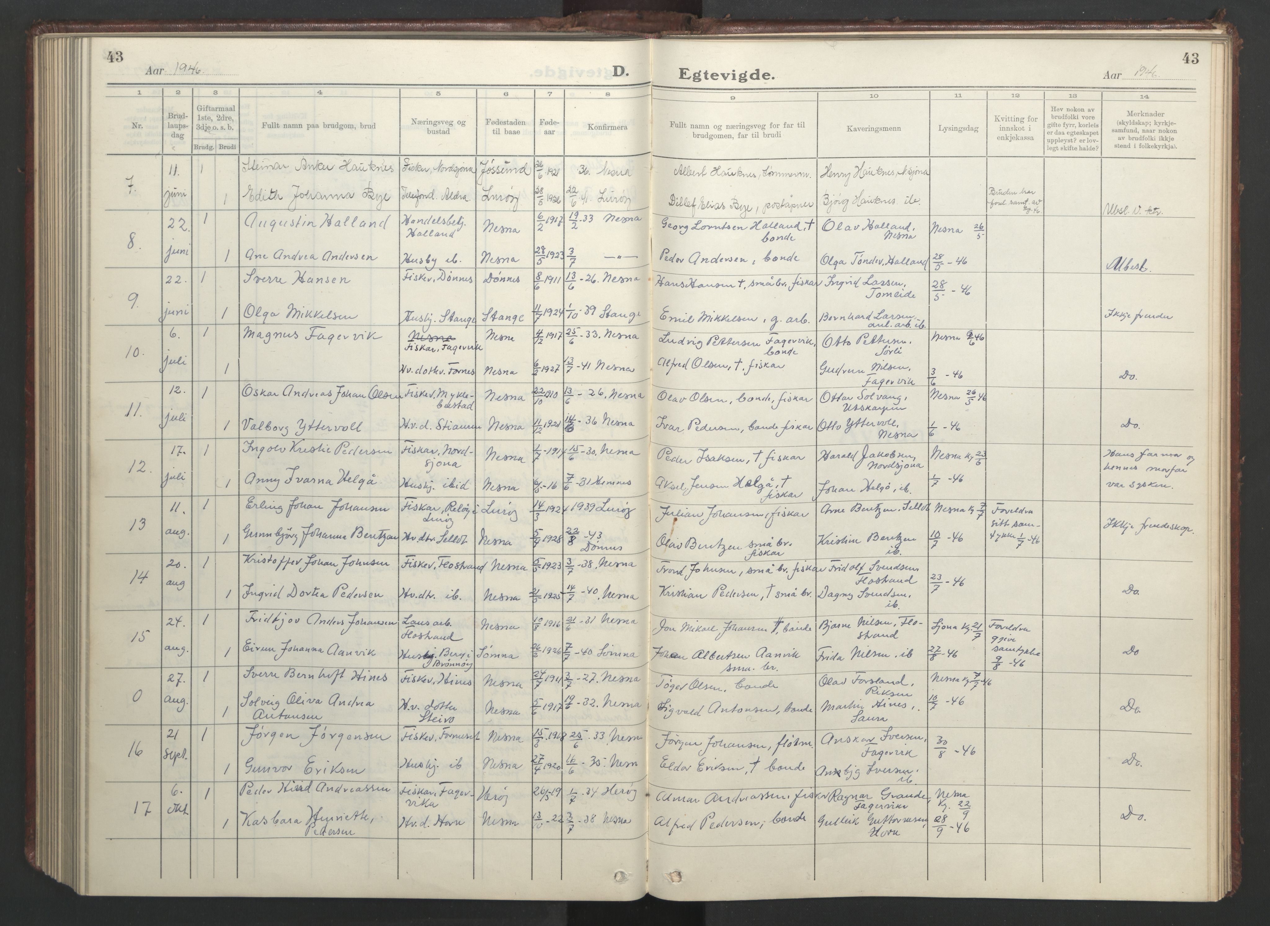 Ministerialprotokoller, klokkerbøker og fødselsregistre - Nordland, AV/SAT-A-1459/838/L0561: Klokkerbok nr. 838C08, 1923-1953, s. 43