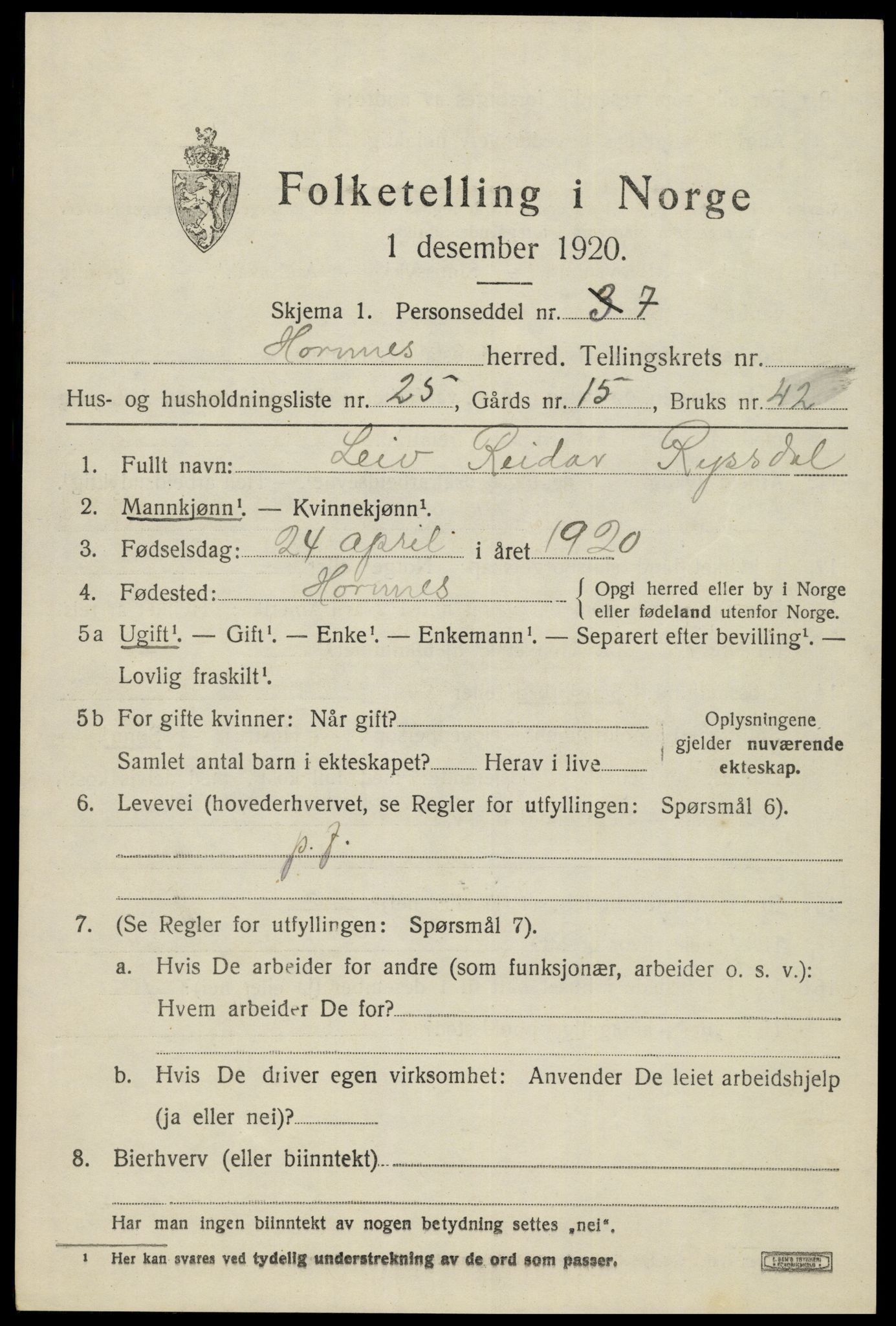 SAK, Folketelling 1920 for 0936 Hornnes herred, 1920, s. 2187