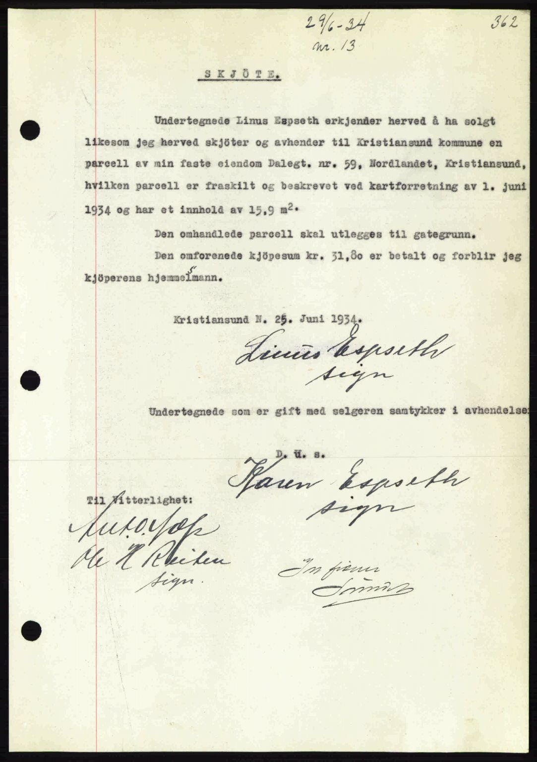 Kristiansund byfogd, AV/SAT-A-4587/A/27: Pantebok nr. 27, 1933-1934, Tingl.dato: 29.06.1934