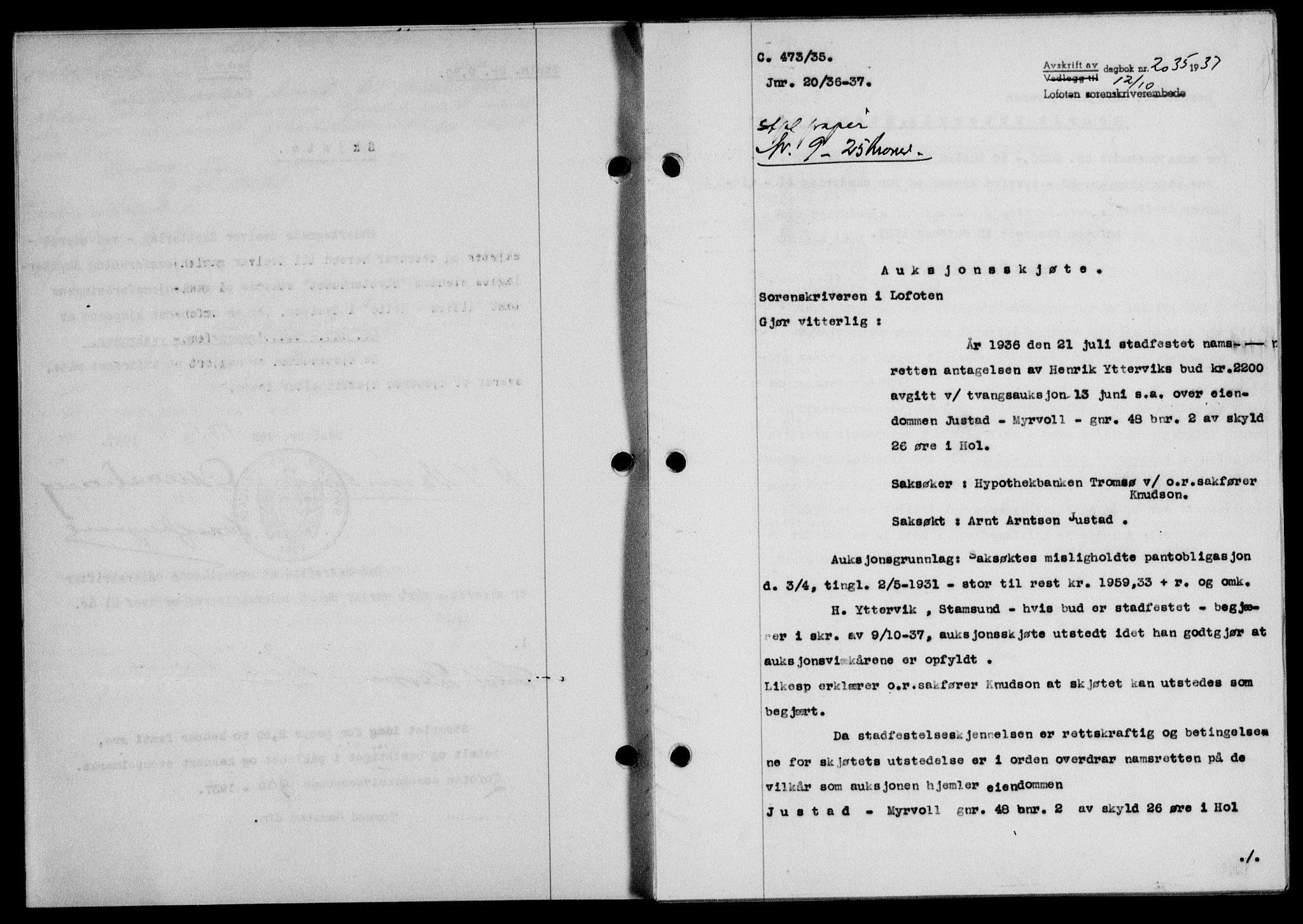 Lofoten sorenskriveri, SAT/A-0017/1/2/2C/L0003a: Pantebok nr. 3a, 1937-1938, Dagboknr: 2035/1937