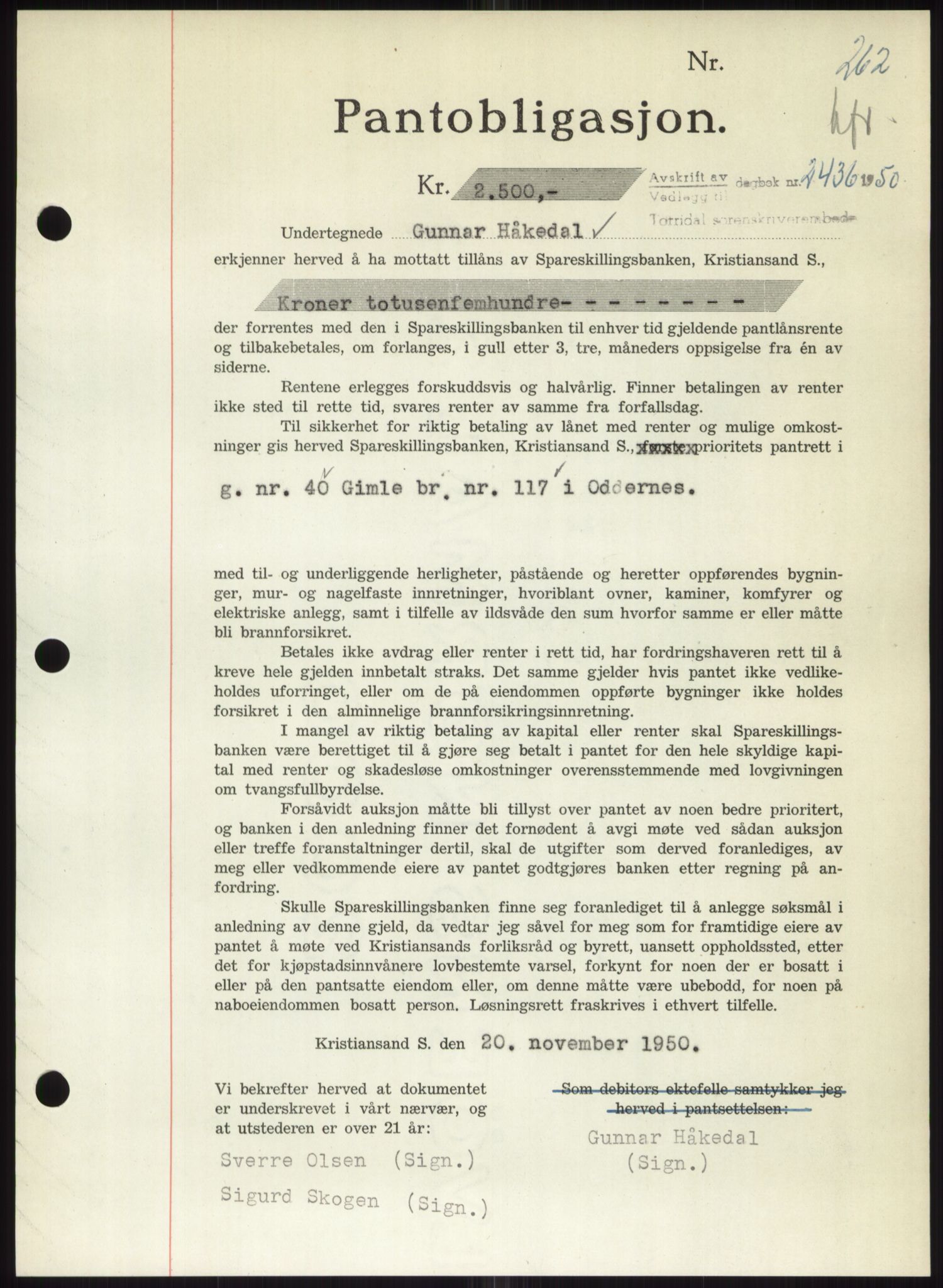 Torridal sorenskriveri, SAK/1221-0012/G/Gb/Gbb/L0020: Pantebok nr. 63B, 1950-1950, Dagboknr: 2436/1950