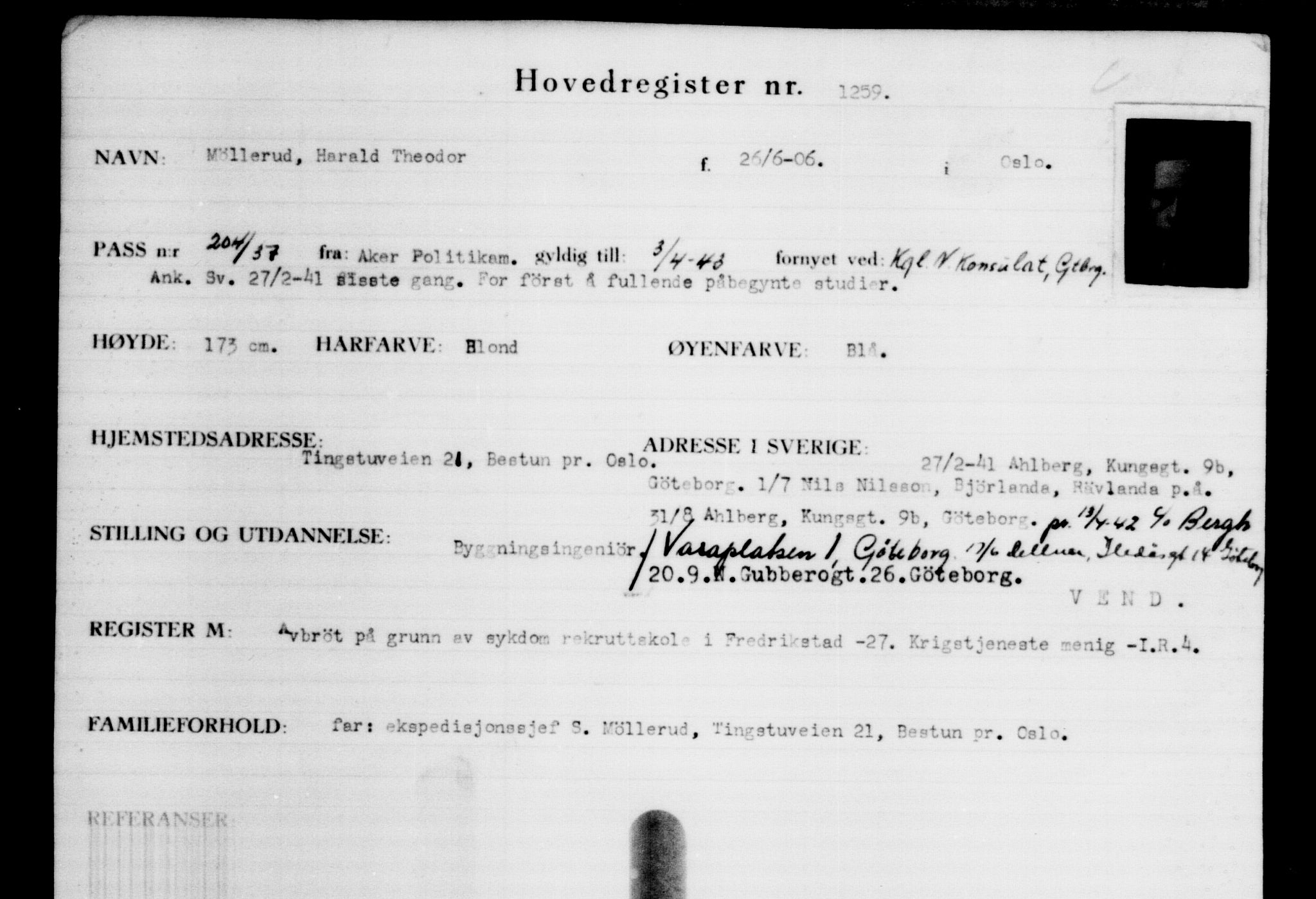 Utenriksstasjonene, Legasjonen i Stockholm, Flyktningkontoret, AV/RA-S-6753/V/Va/L0002: Kjesäterkartoteket, flyktninger med registreringsnr. 1001-2000, 1940-1945, s. 378