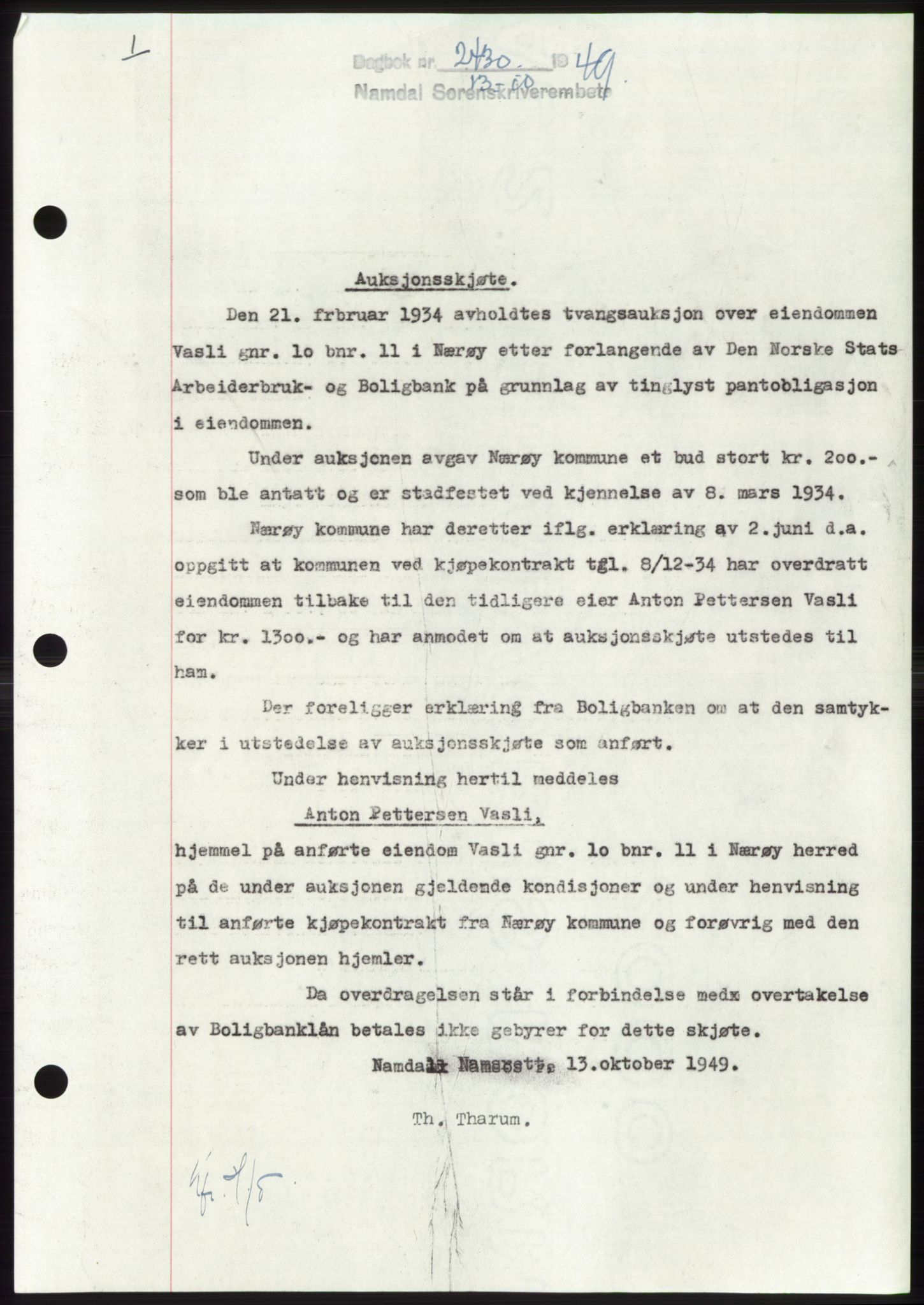 Namdal sorenskriveri, SAT/A-4133/1/2/2C: Pantebok nr. -, 1949-1949, Dagboknr: 2430/1949