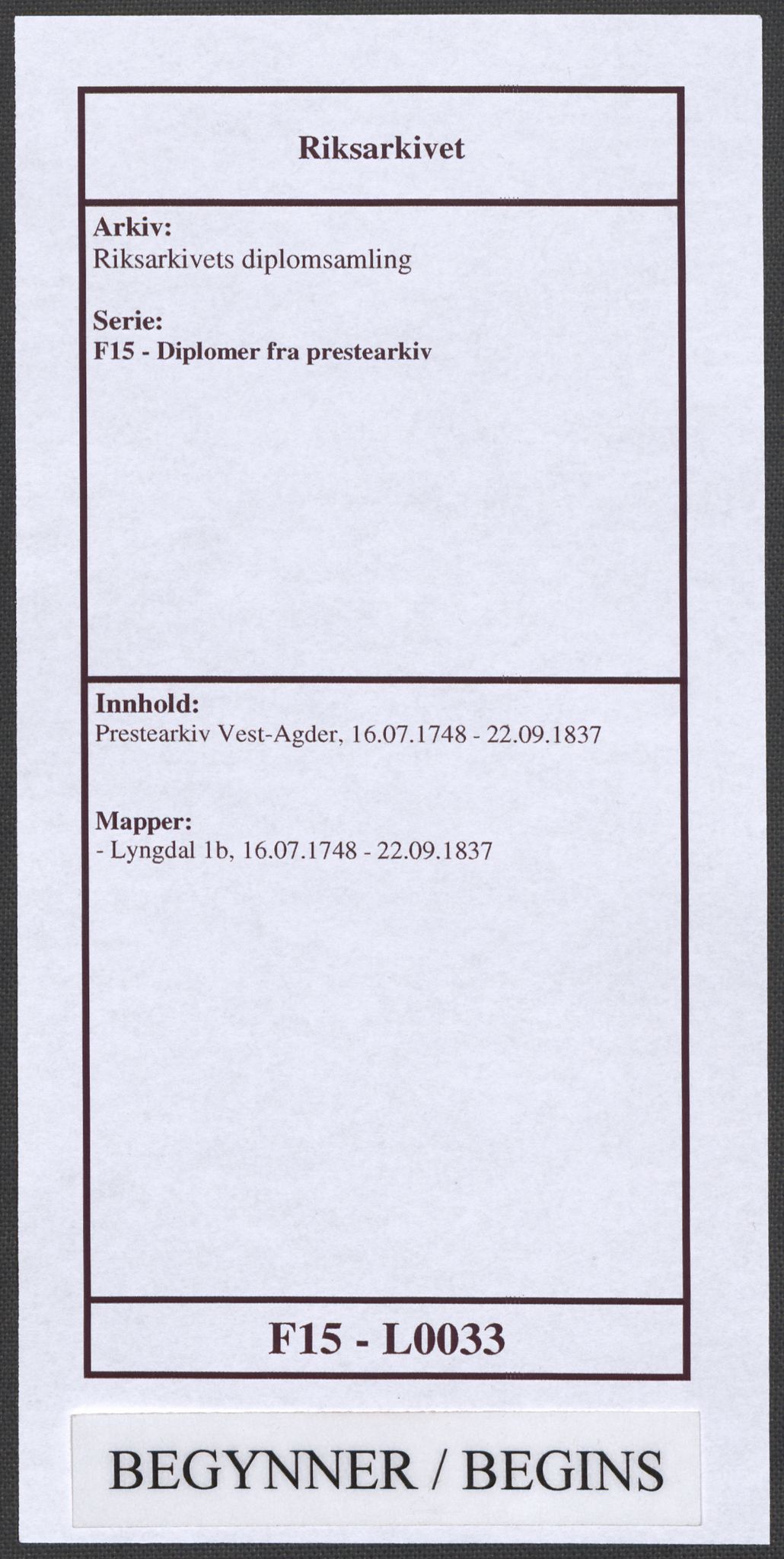 Riksarkivets diplomsamling, RA/EA-5965/F15/L0033: Prestearkiv Vest-Agder, 1748-1837, s. 1