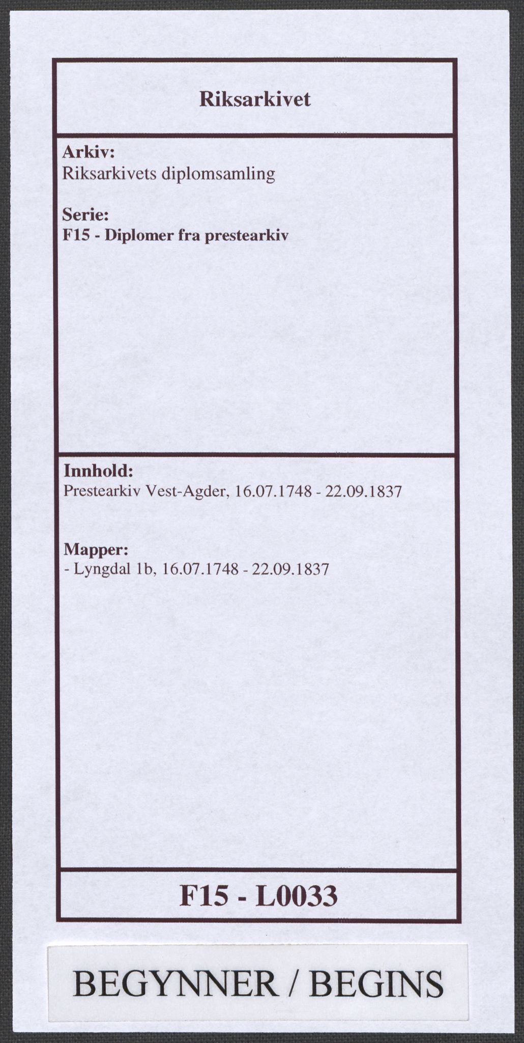 Riksarkivets diplomsamling, AV/RA-EA-5965/F15/L0033: Prestearkiv Vest-Agder, 1748-1837, s. 1