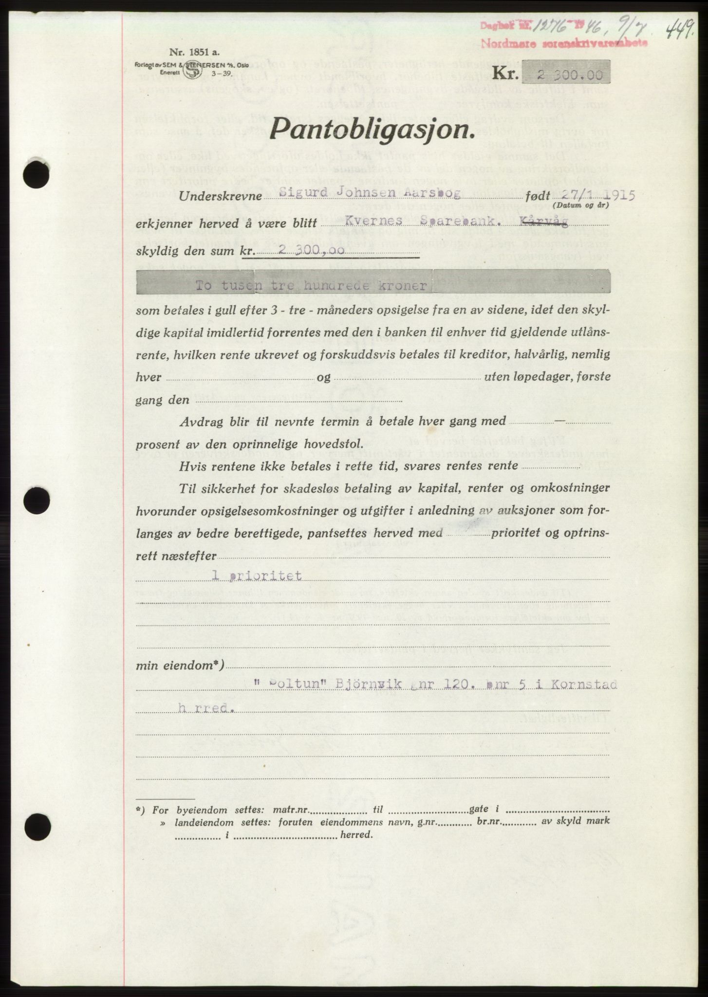 Nordmøre sorenskriveri, AV/SAT-A-4132/1/2/2Ca: Pantebok nr. B94, 1946-1946, Dagboknr: 1276/1946