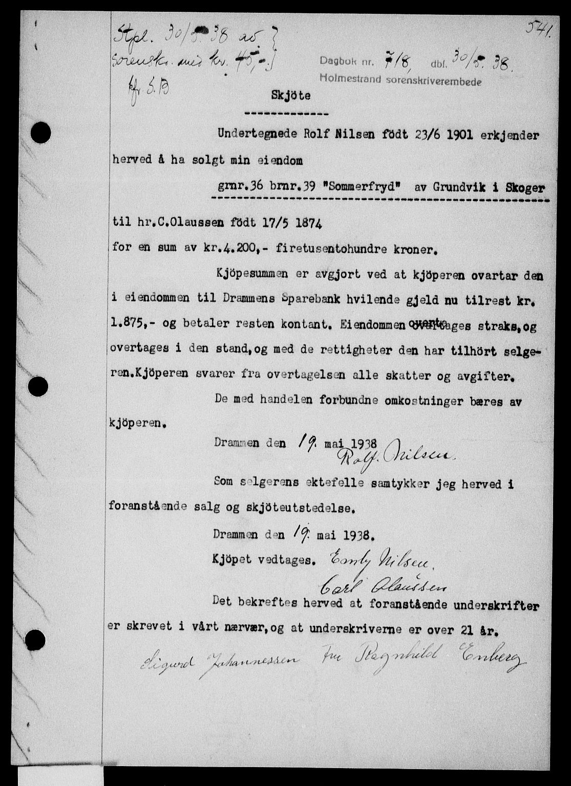 Holmestrand sorenskriveri, SAKO/A-67/G/Ga/Gaa/L0049: Pantebok nr. A-49, 1937-1938, Dagboknr: 718/1938
