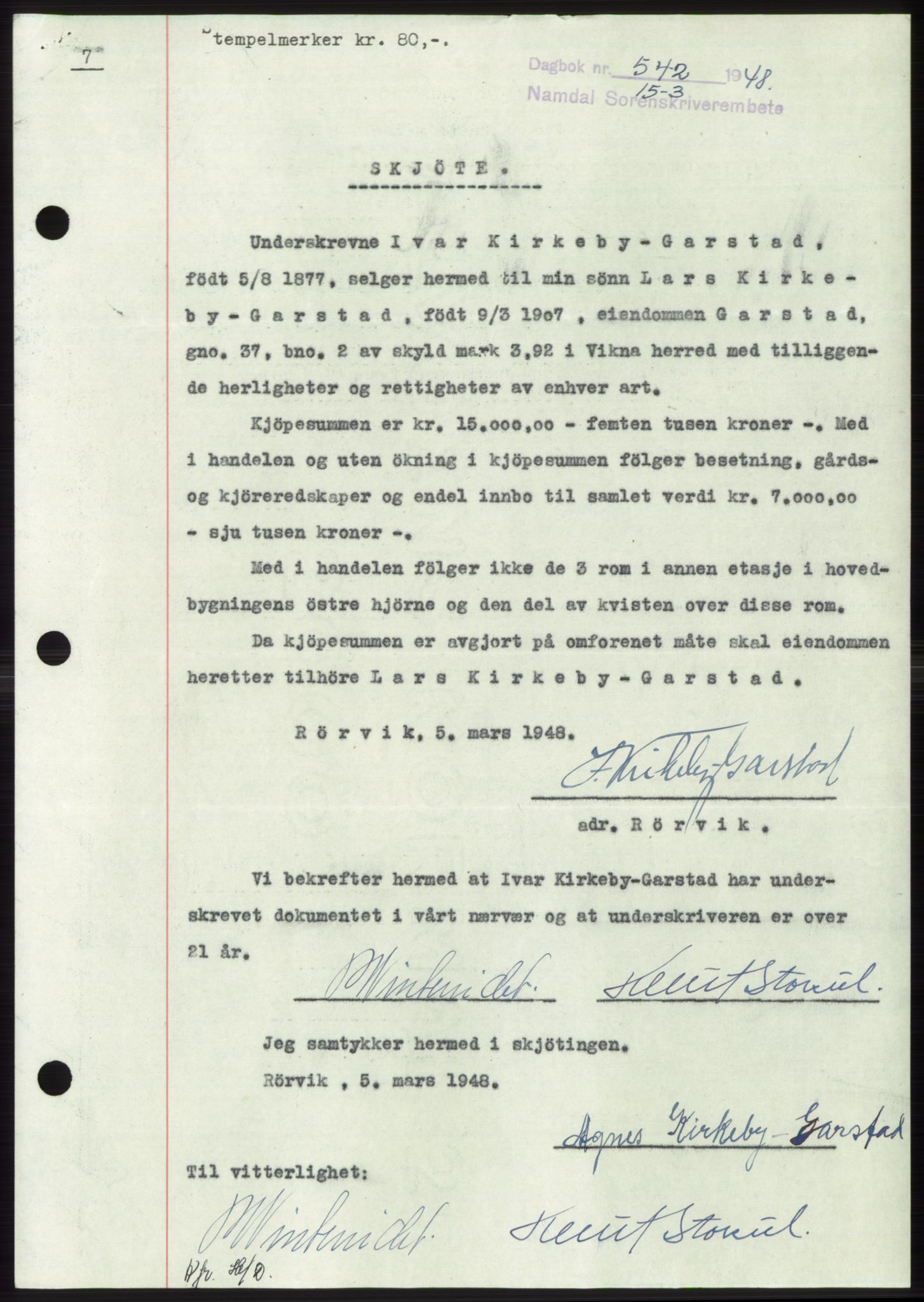 Namdal sorenskriveri, SAT/A-4133/1/2/2C: Pantebok nr. -, 1947-1948, Dagboknr: 542/1948