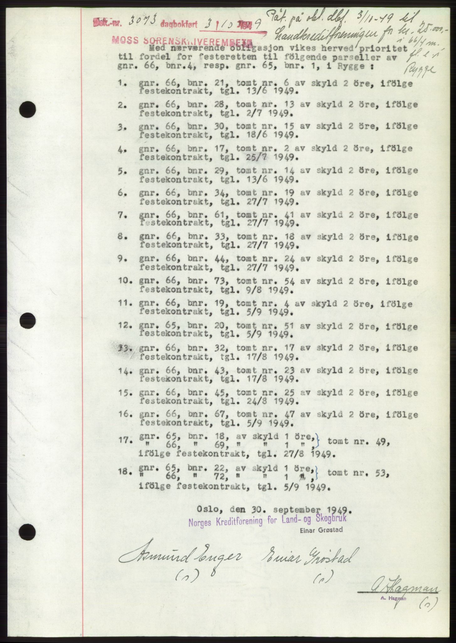 Moss sorenskriveri, SAO/A-10168: Pantebok nr. B22, 1949-1949, Dagboknr: 3073/1949