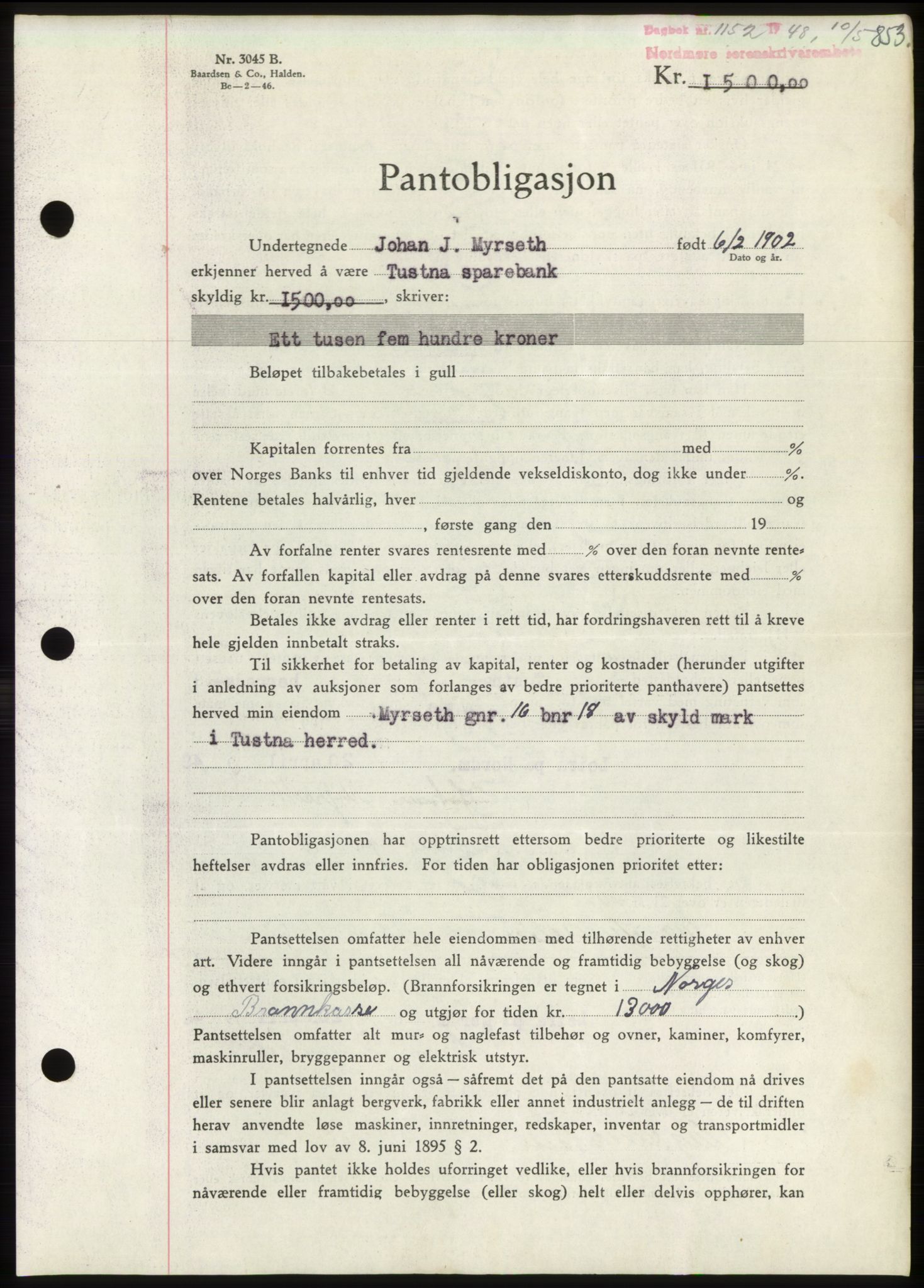 Nordmøre sorenskriveri, SAT/A-4132/1/2/2Ca: Pantebok nr. B98, 1948-1948, Dagboknr: 1152/1948