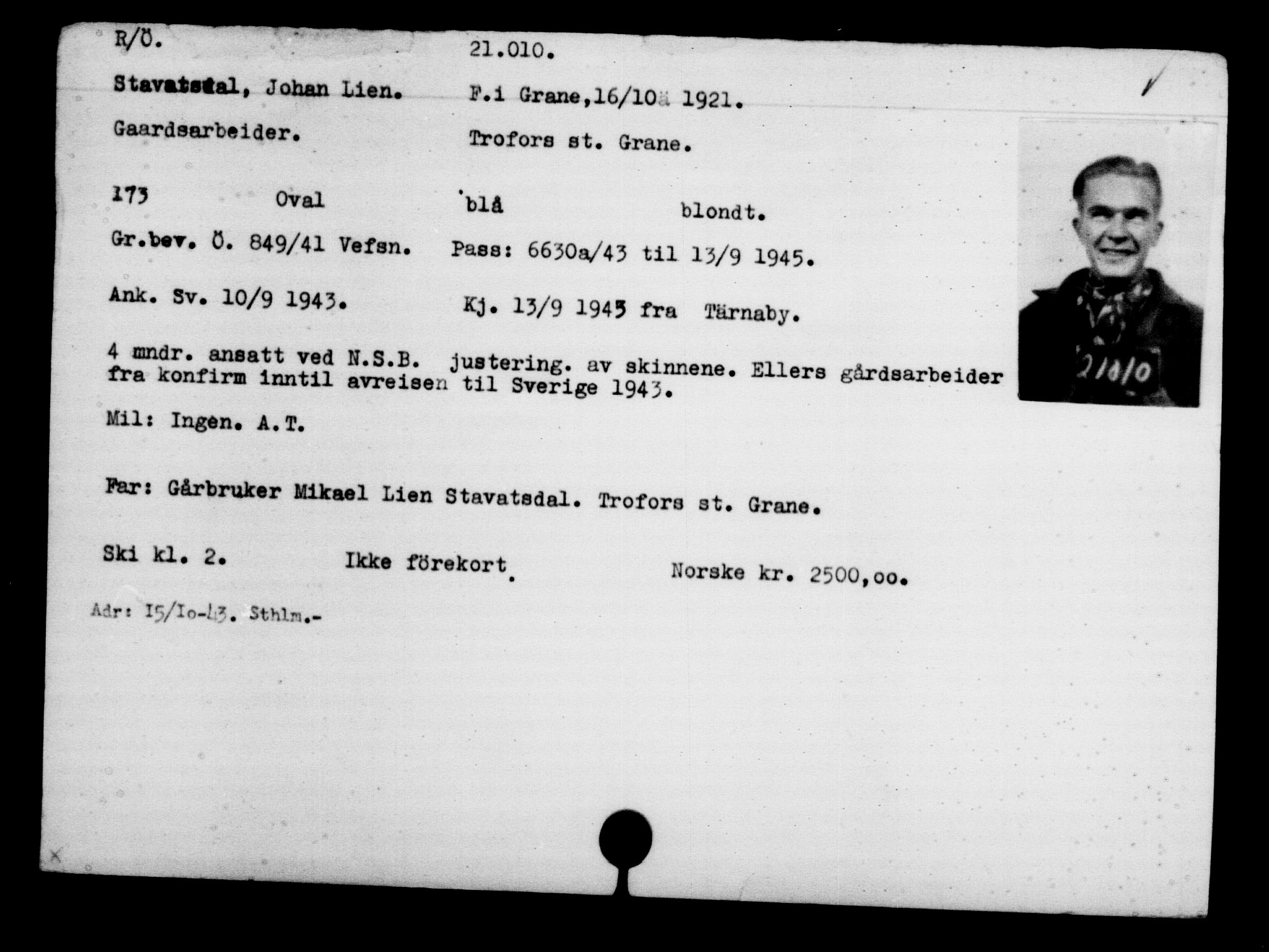Utenriksstasjonene, Legasjonen i Stockholm, Flyktningkontoret, AV/RA-S-6753/V/Va/L0009: Kjesäterkartoteket, flyktninger med registreringsnr. 18502-22048, 1940-1945, s. 2000