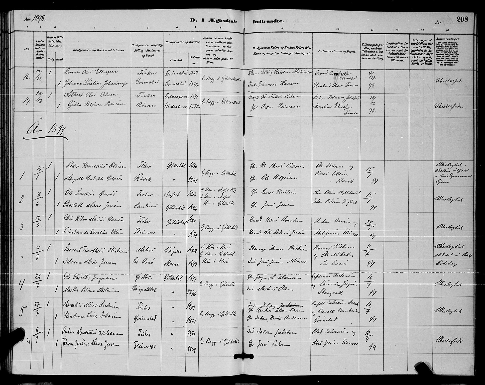 Ministerialprotokoller, klokkerbøker og fødselsregistre - Nordland, SAT/A-1459/805/L0108: Klokkerbok nr. 805C04, 1885-1899, s. 208