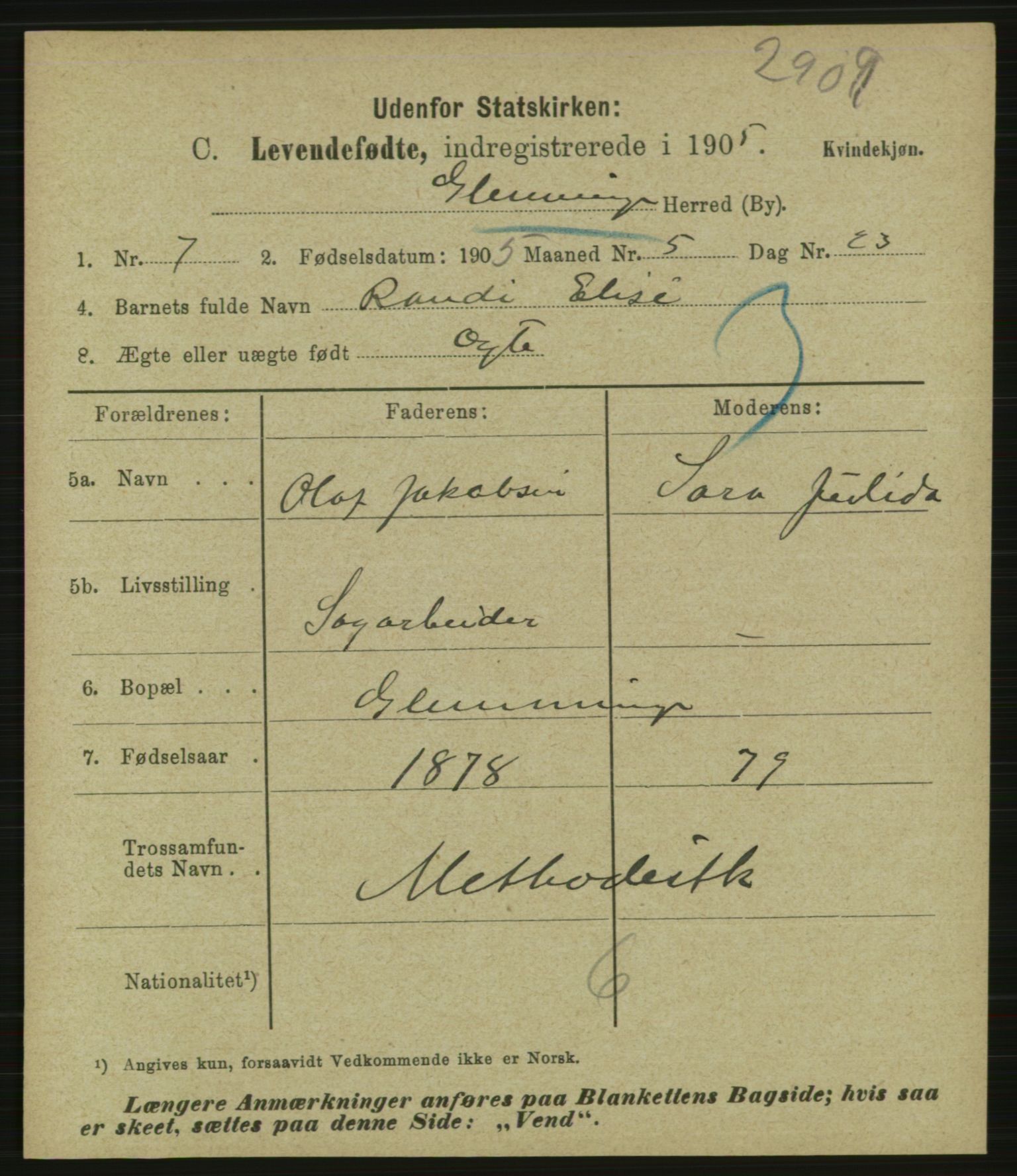 Statistisk sentralbyrå, Sosiodemografiske emner, Befolkning, AV/RA-S-2228/E/L0003: Fødte, gifte, døde dissentere., 1905, s. 9