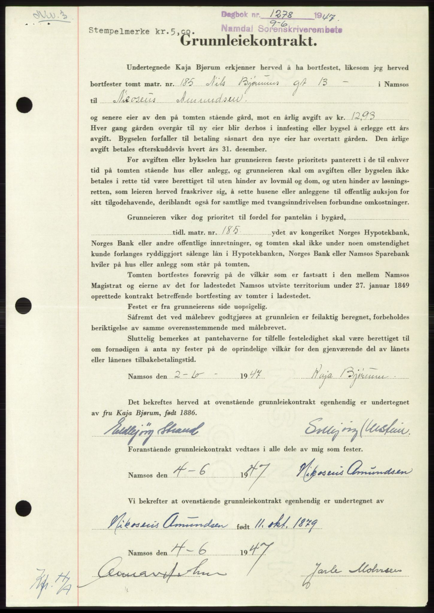 Namdal sorenskriveri, SAT/A-4133/1/2/2C: Pantebok nr. -, 1947-1947, Dagboknr: 1278/1947