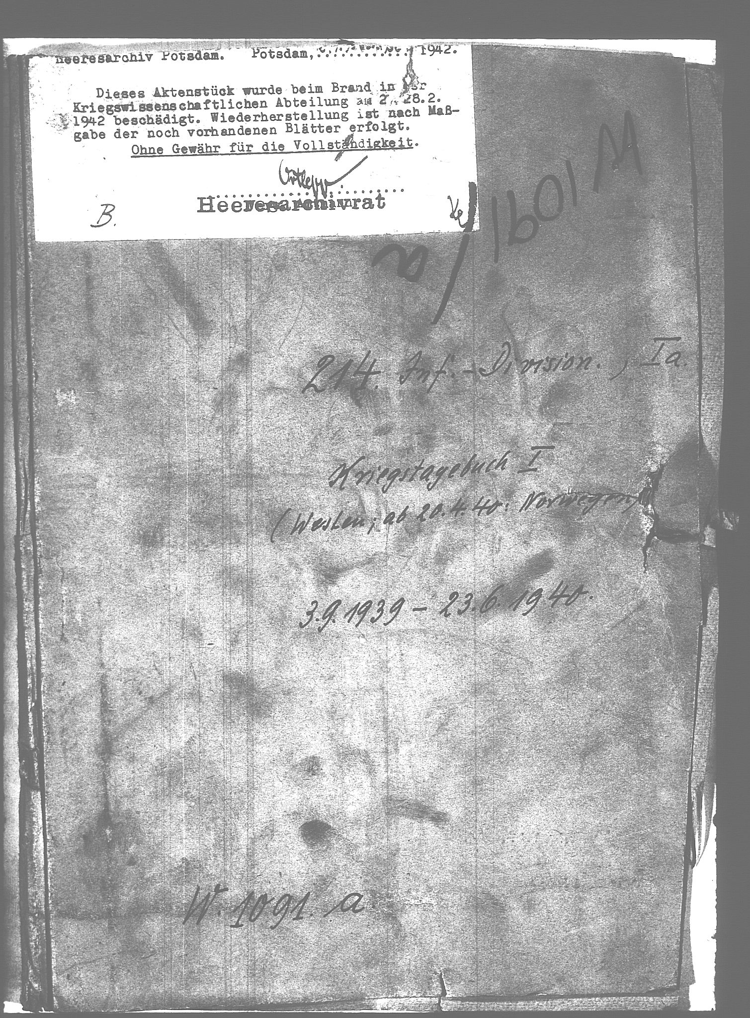 Documents Section, RA/RAFA-2200/V/L0088: Amerikansk mikrofilm "Captured German Documents".
Box No. 727.  FKA jnr. 601/1954., 1939-1940, s. 475