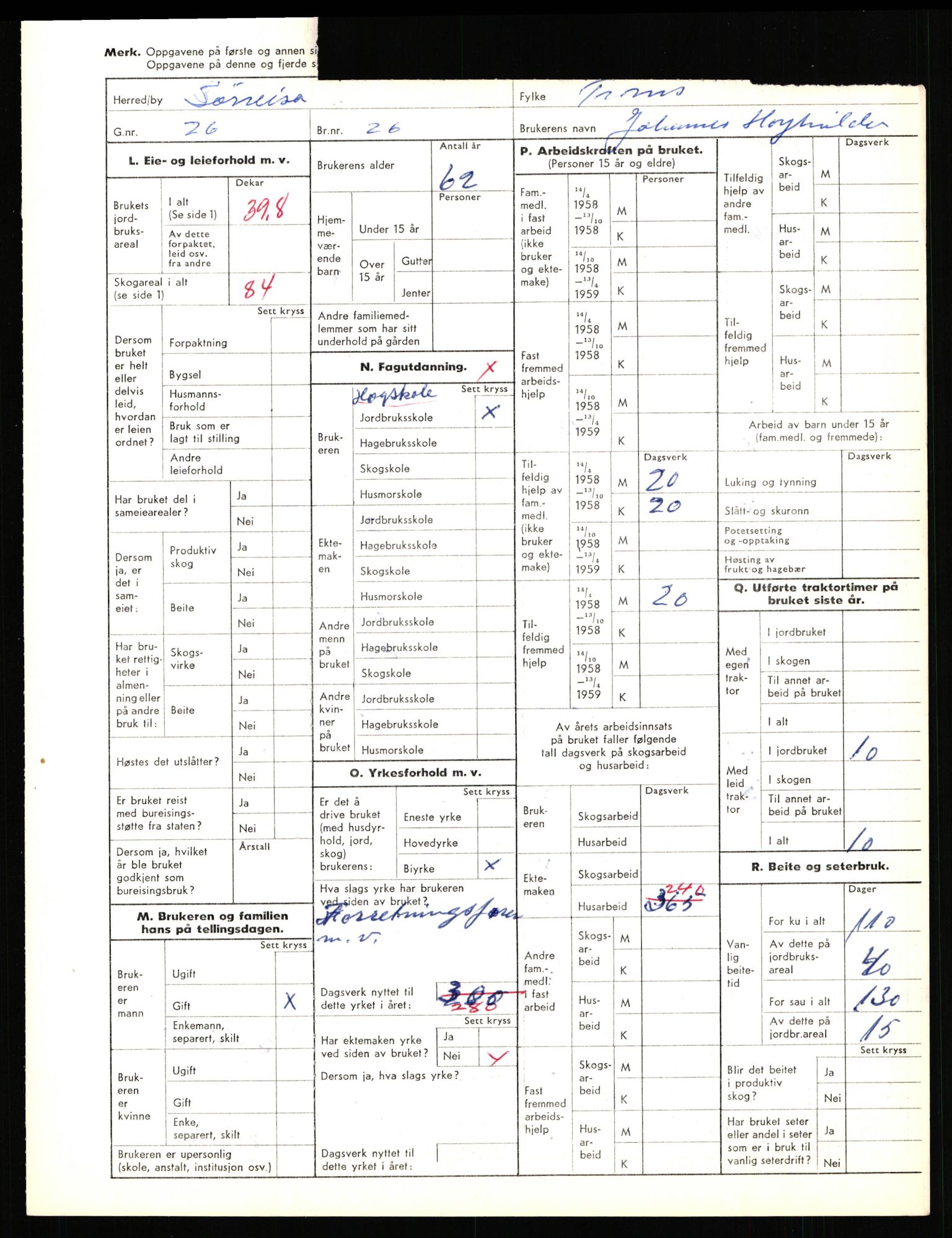 Statistisk sentralbyrå, Næringsøkonomiske emner, Jordbruk, skogbruk, jakt, fiske og fangst, AV/RA-S-2234/G/Gd/L0656: Troms: 1924 Målselv (kl. 0-3) og 1925 Sørreisa, 1959, s. 1752