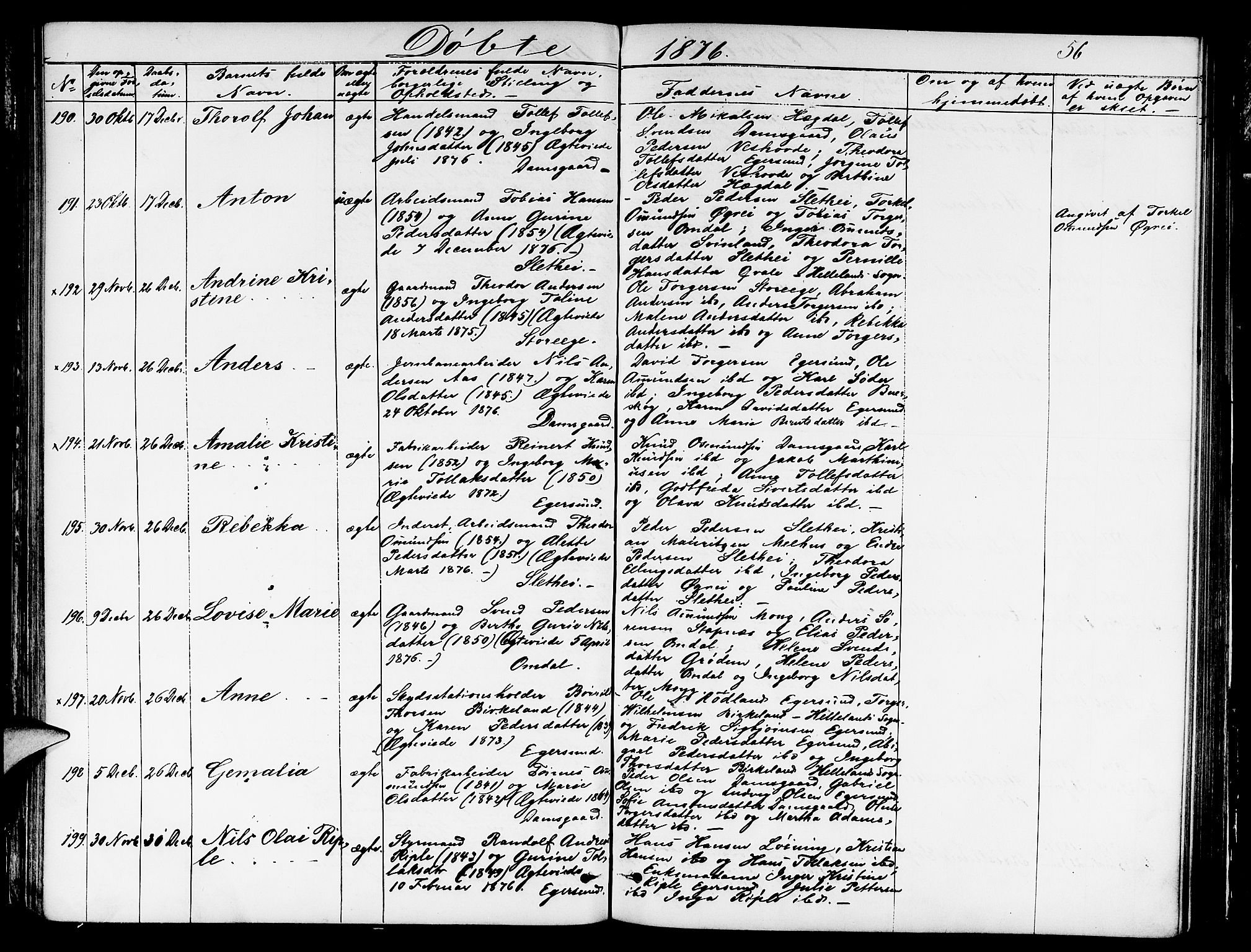 Eigersund sokneprestkontor, AV/SAST-A-101807/S09/L0005: Klokkerbok nr. B 5, 1872-1881, s. 56