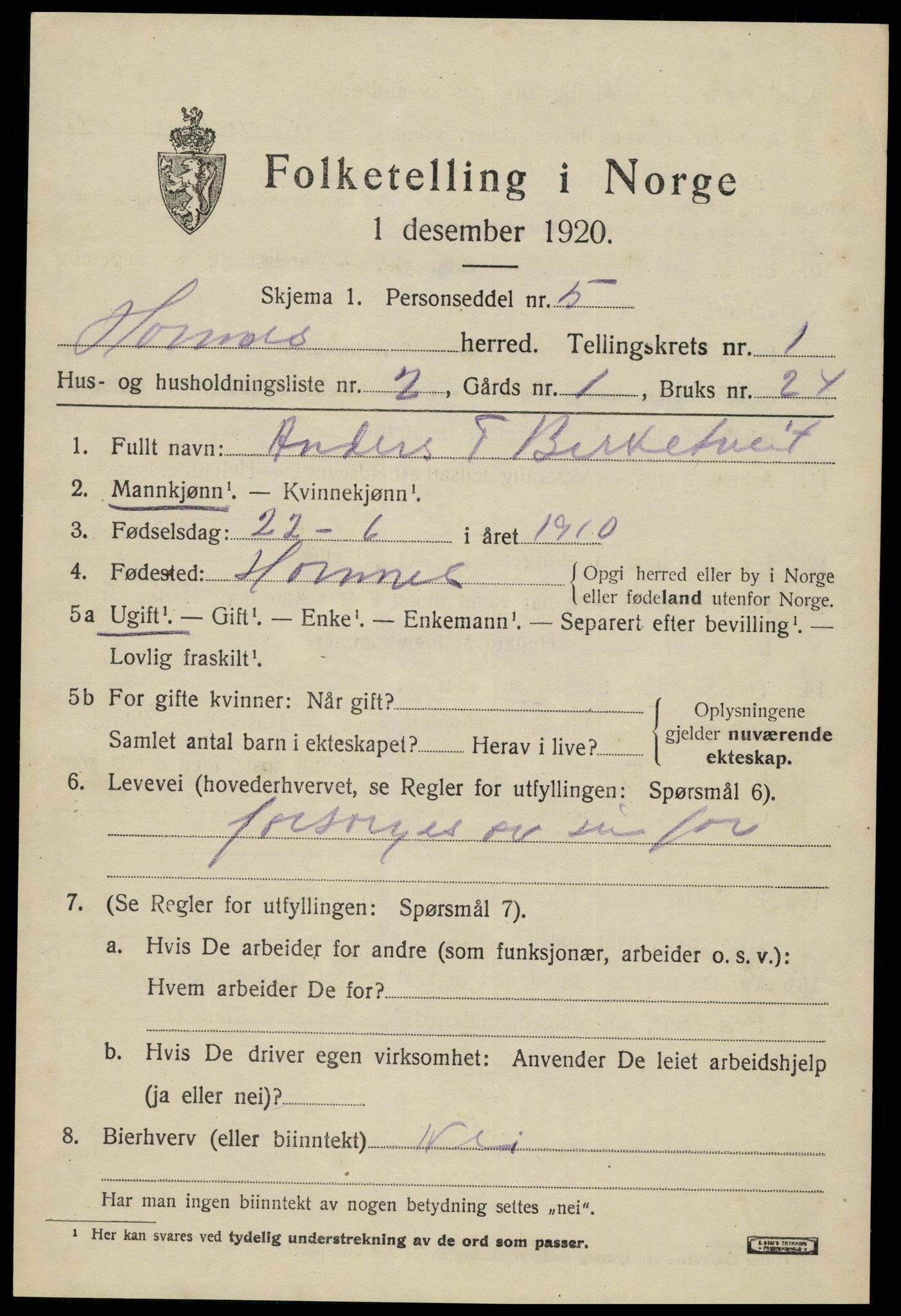 SAK, Folketelling 1920 for 0936 Hornnes herred, 1920, s. 575