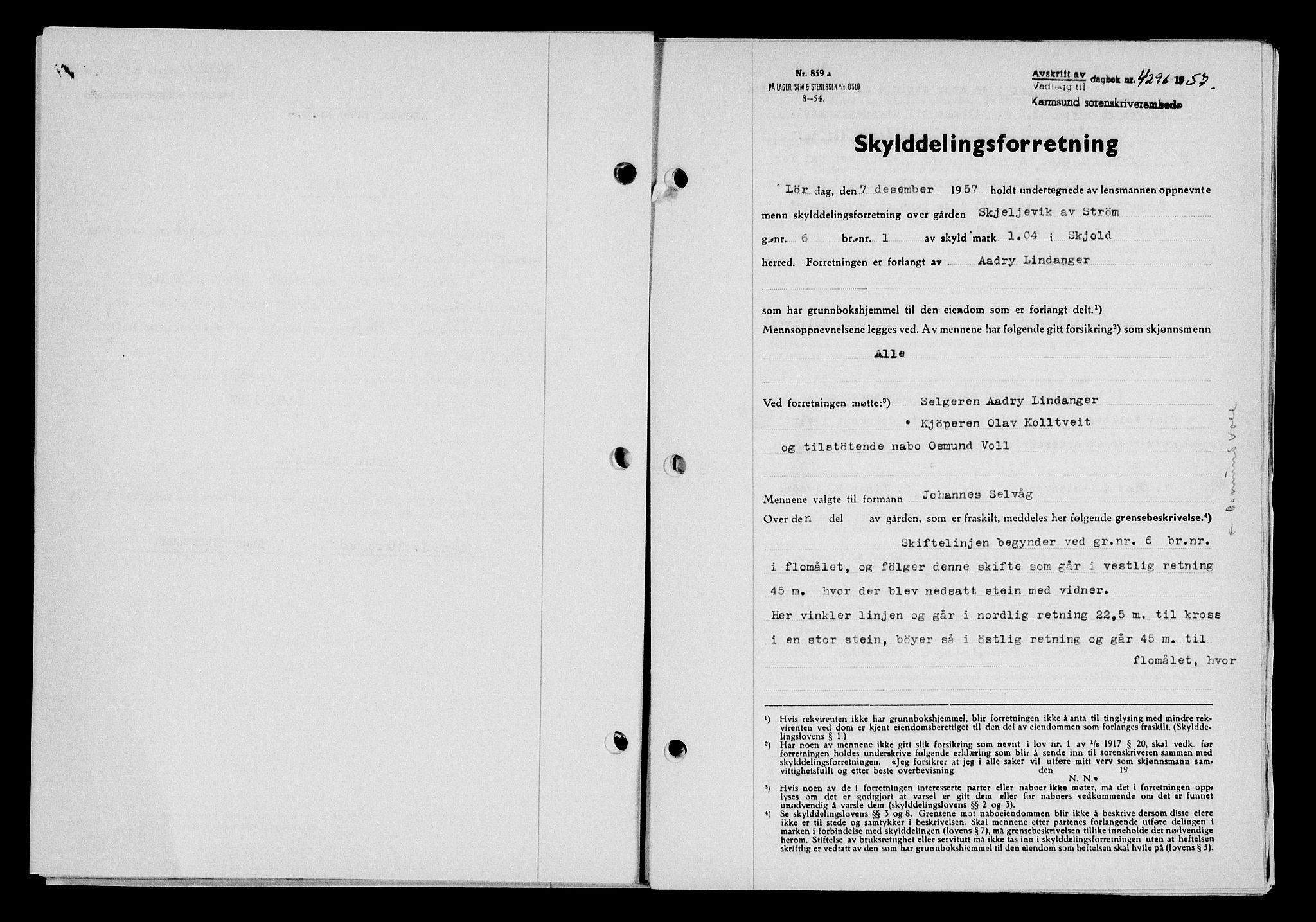 Karmsund sorenskriveri, SAST/A-100311/01/II/IIB/L0127: Pantebok nr. 107A, 1957-1958, Dagboknr: 4296/1957