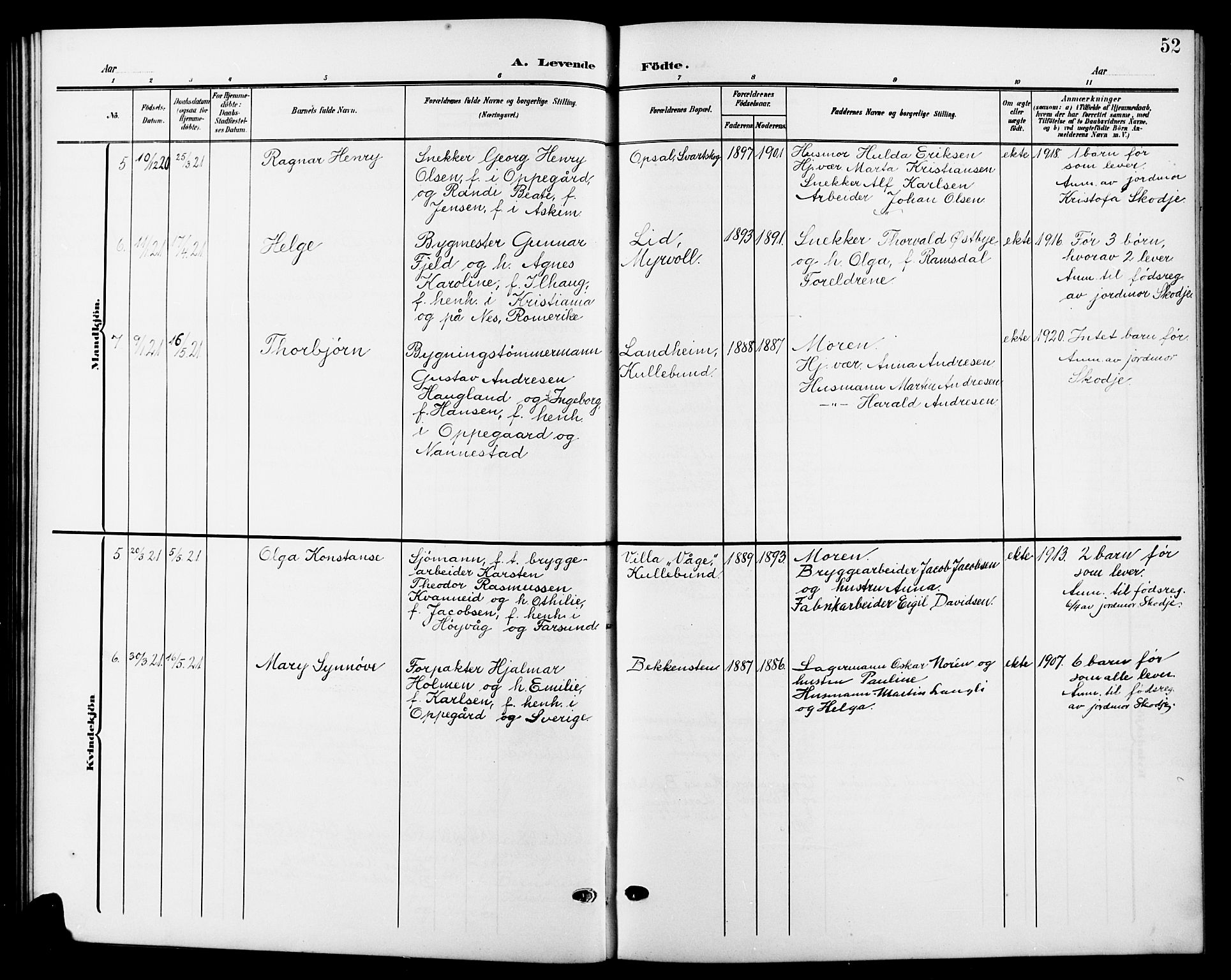 Nesodden prestekontor Kirkebøker, AV/SAO-A-10013/G/Gb/L0001: Klokkerbok nr. II 1, 1905-1924, s. 52