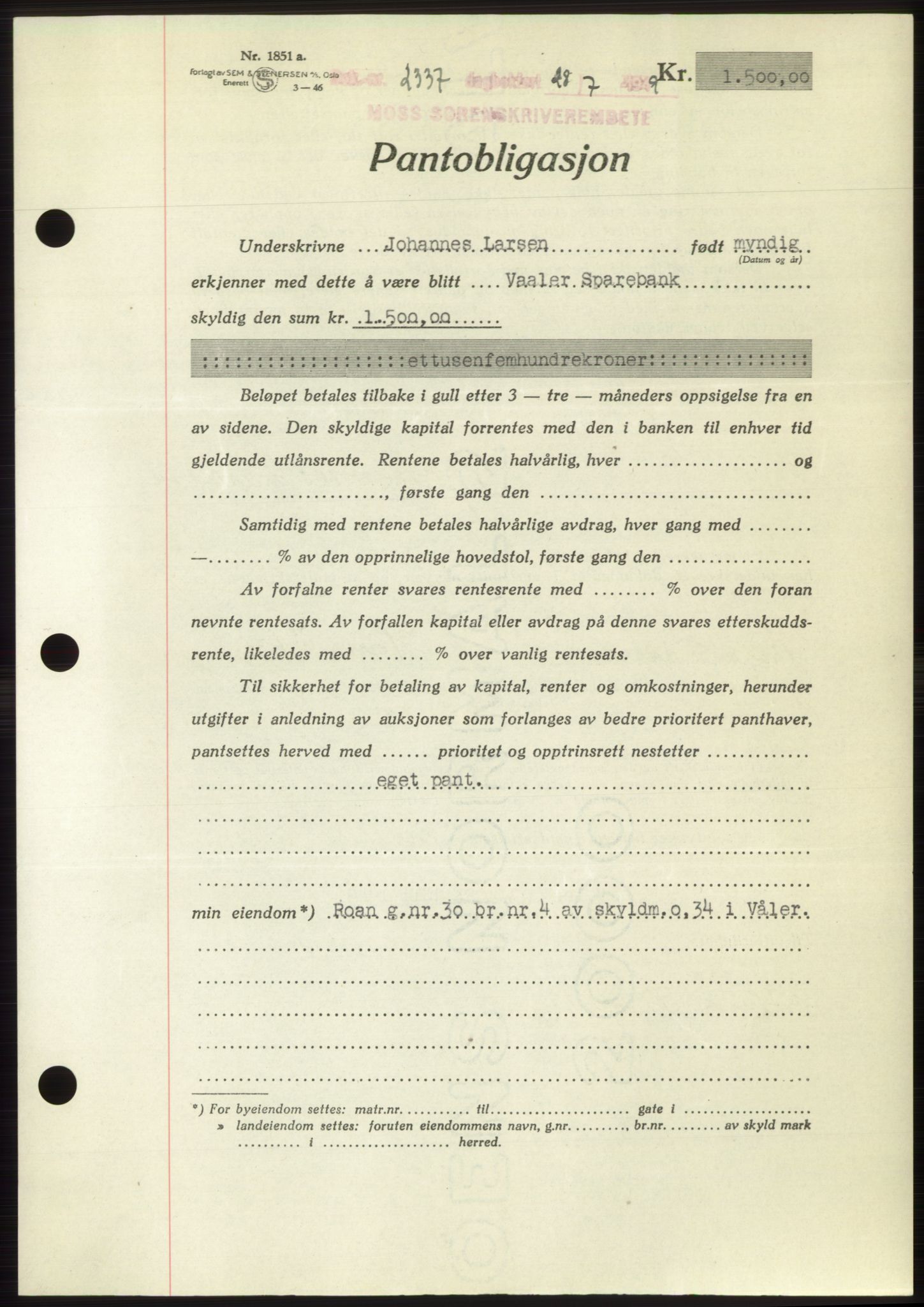 Moss sorenskriveri, SAO/A-10168: Pantebok nr. B22, 1949-1949, Dagboknr: 2337/1949